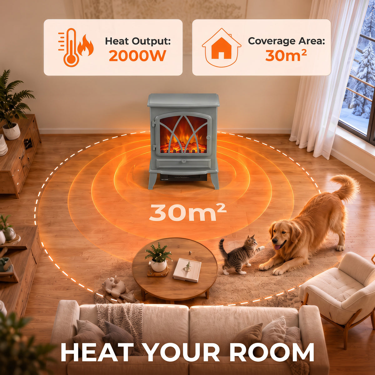 HOMCOM 1KW To 2KW Vintage Electric Fireplace Heater Grey With Thermostat