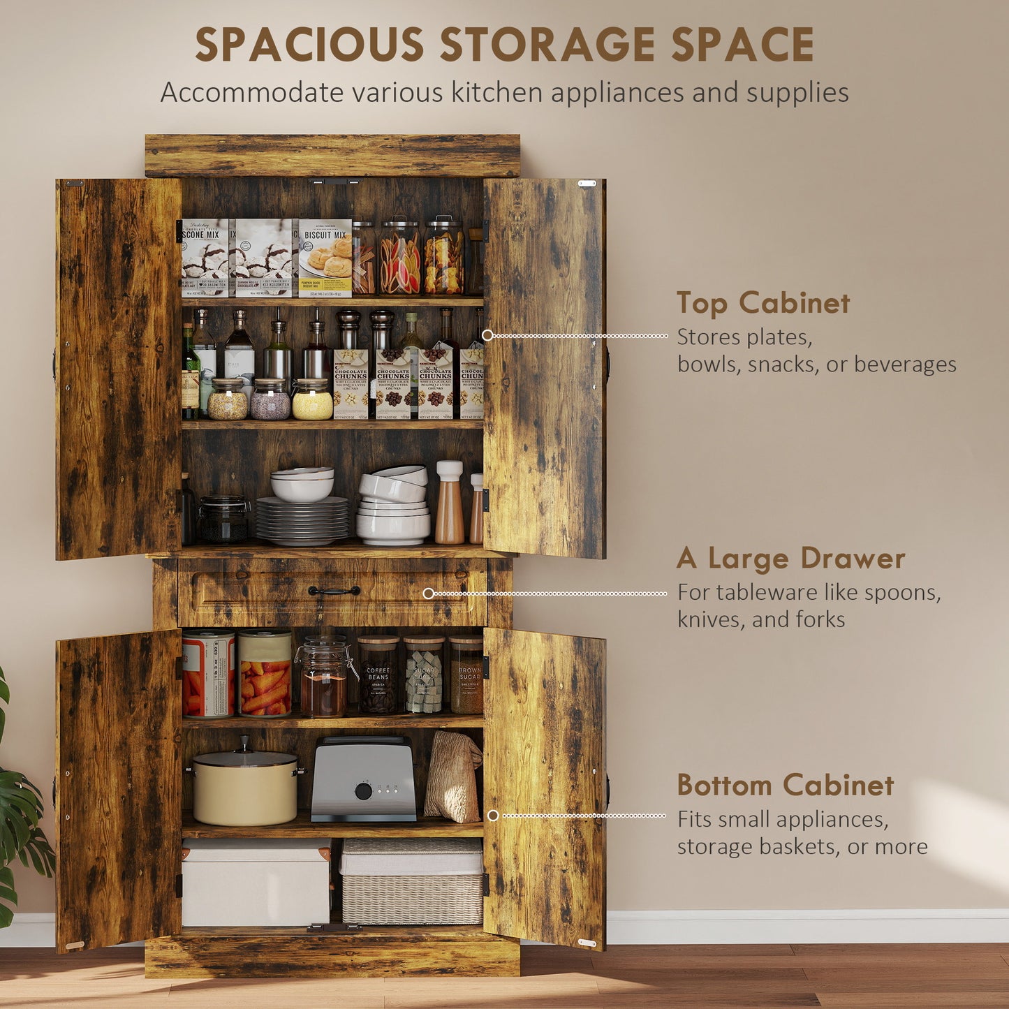 HOMCOM Tall Kitchen Cupboard Pantry Cabinet With Drawer And Shelves In Brown For Small Spaces