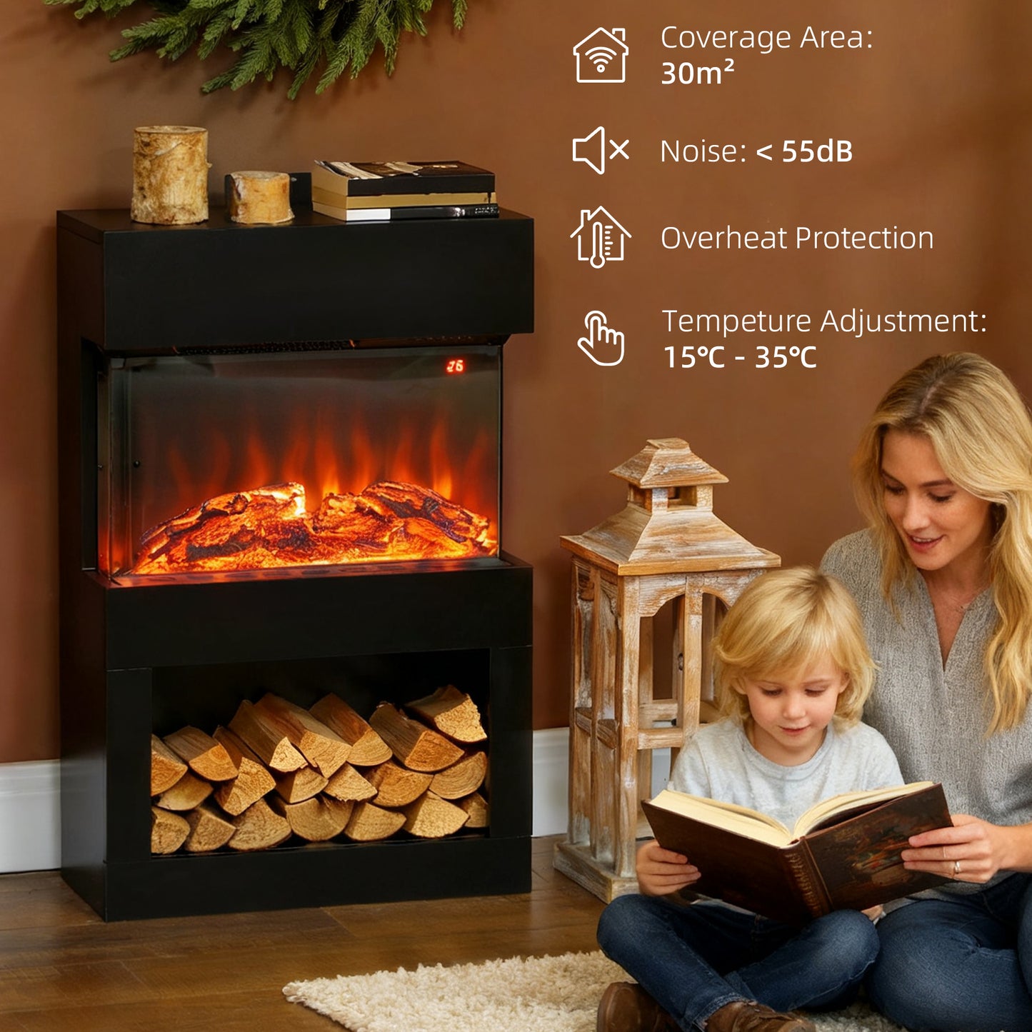 HOMCOM 19 Inch Electric Fireplace With Surround Mantel 3D Flame 6 Colours 3 Brightness Levels 1000W 2000W Remote Timer