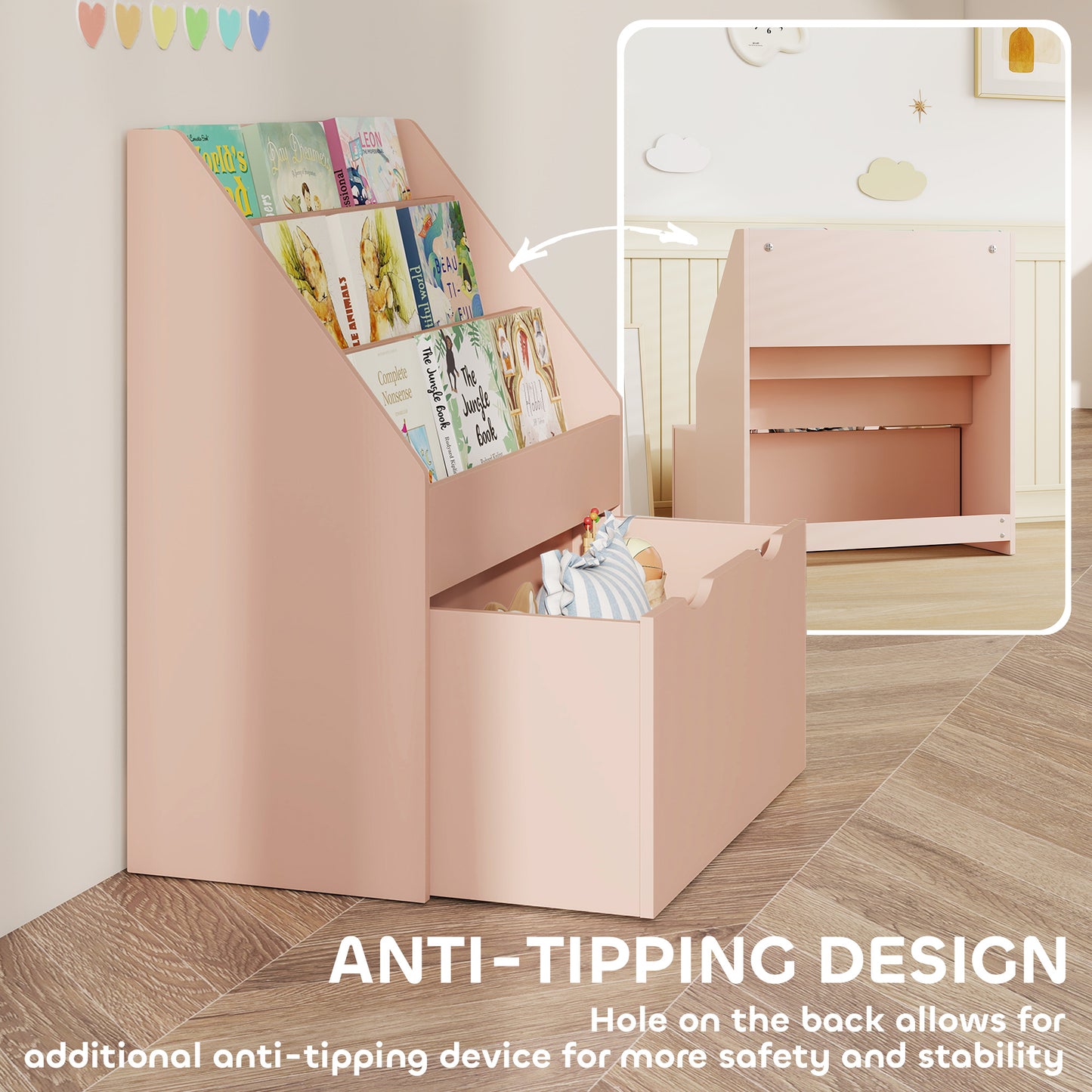 AIYAPLAY Pink Kids Bookcase With Shelves And Drawer On Wheels For Bedroom And Playroom