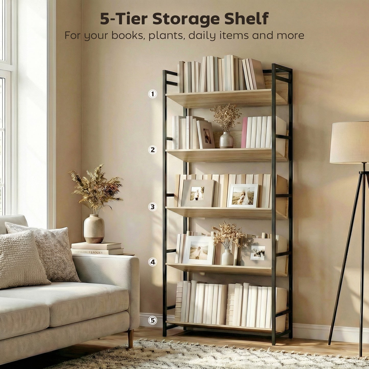 HOMCOM 5 Tier Metal Frame Bookcase Oak Finish For Living Room Storage Shelves With Anti Fall Design