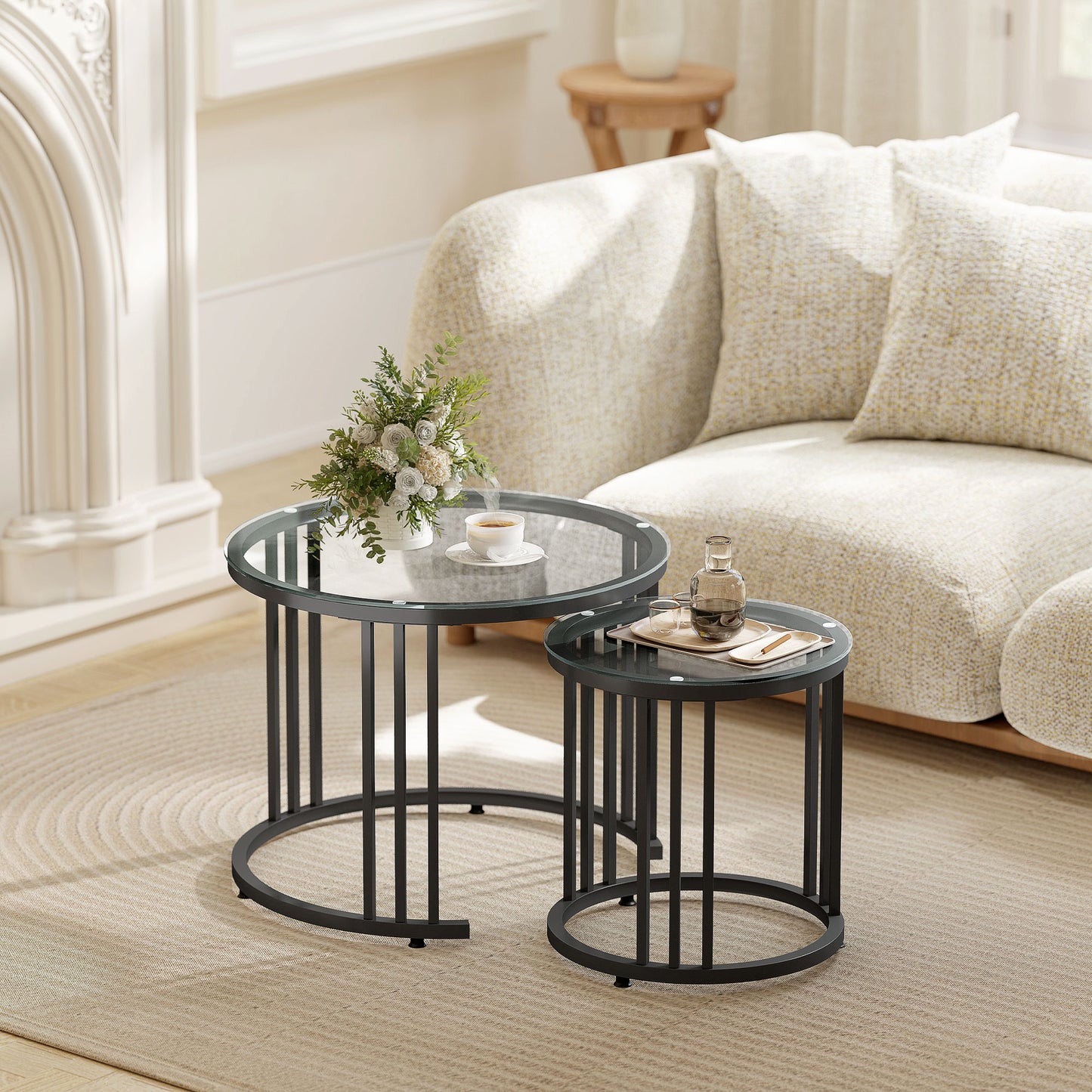 HOMCOM Round Coffee Tables Set of 2 Nesting Tables With Tempered Glass Tops And Steel Frame In Black