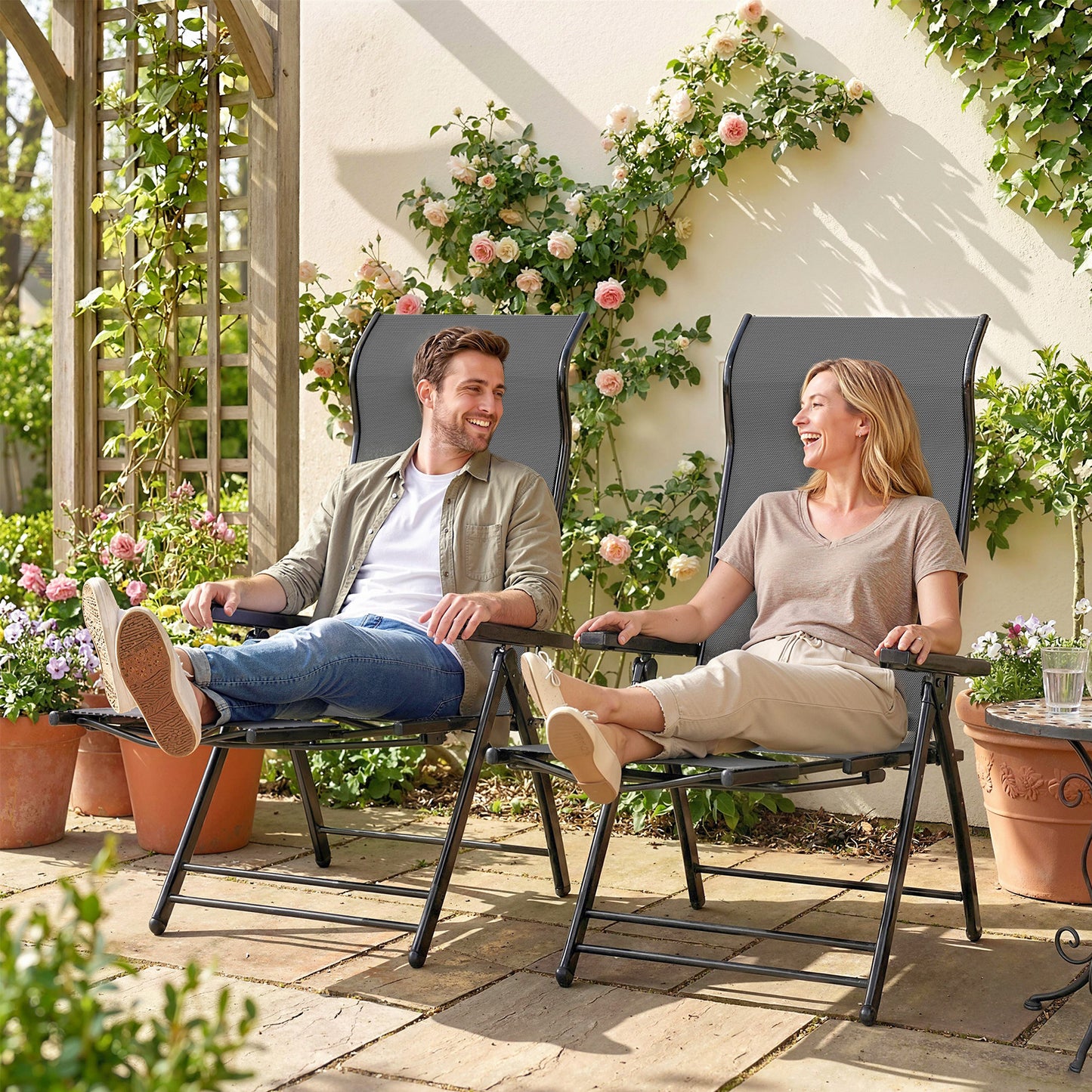 Outsunny Reclining Garden Chairs 2 Pack 5 Position Folding Sun Loungers With High Back Retractable Footrest Dark Grey