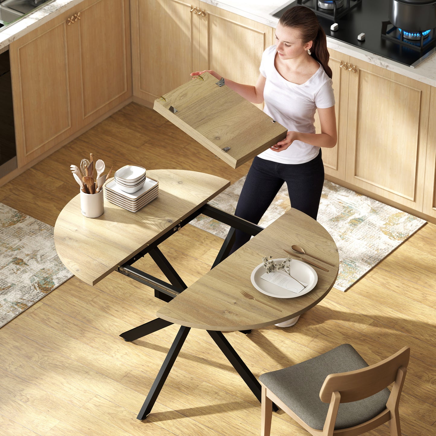 HOMCOM Extendable Dining Table For Four To Six People With Butterfly Leaf And X Shape Base Industrial Natural Wood