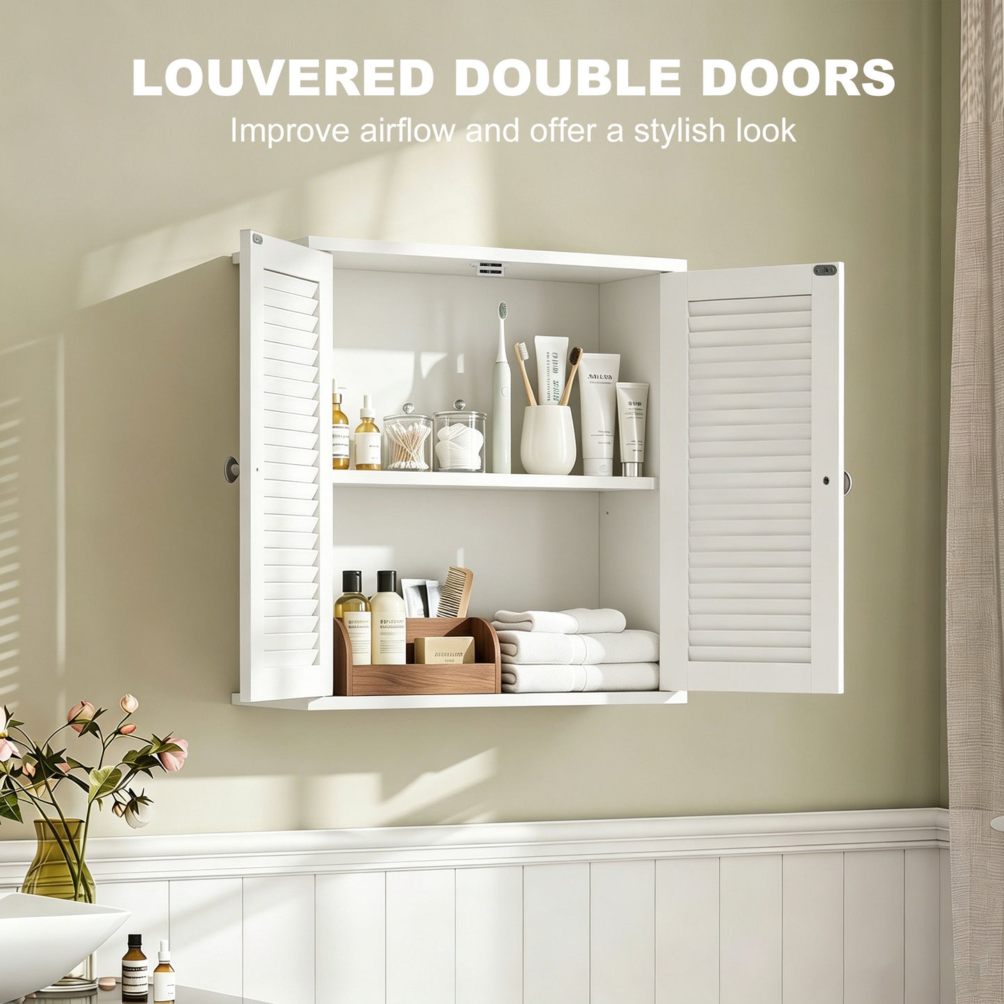 HOMCOM White Bathroom Wall Cabinet With Louvered Doors And Adjustable Shelf For Bathroom Storage