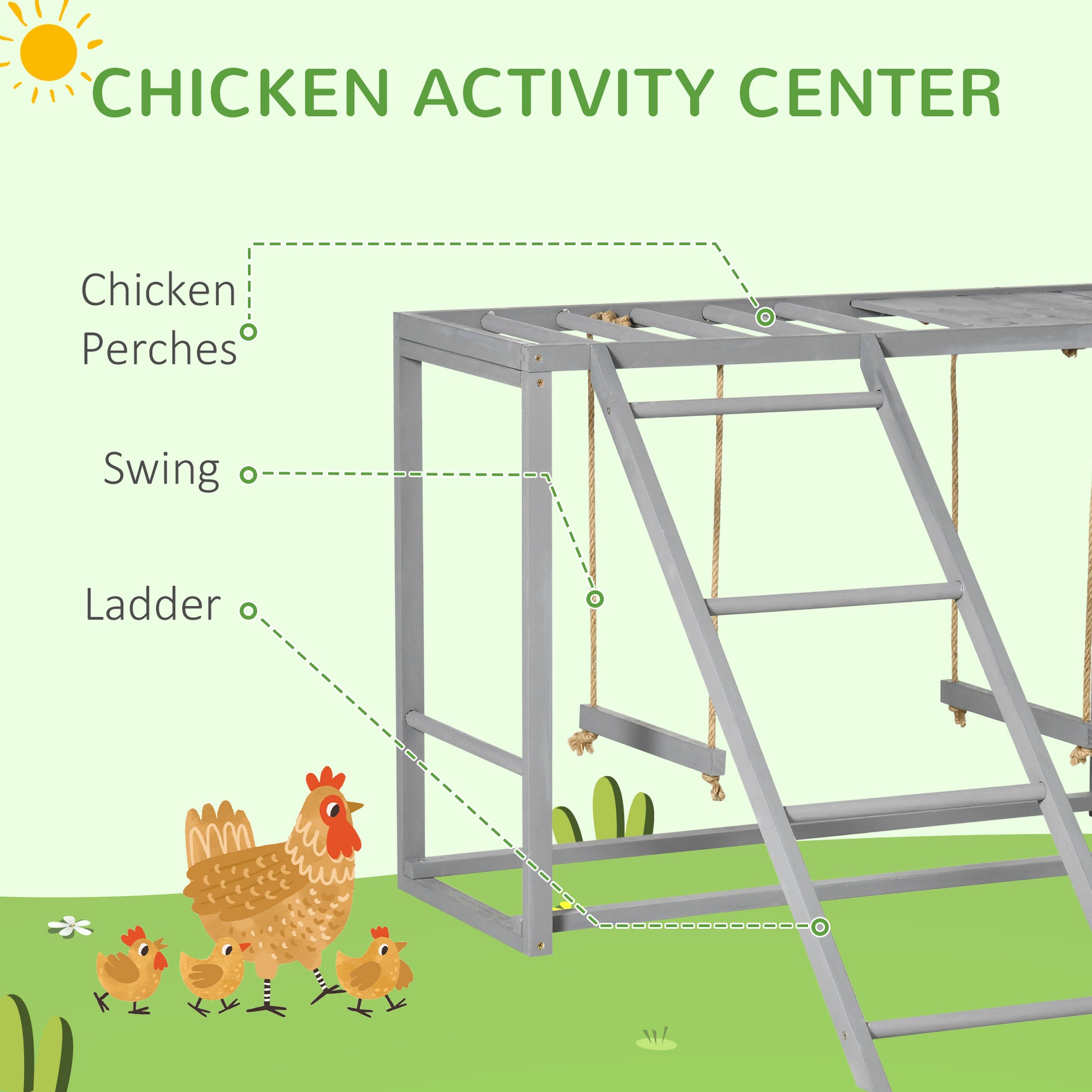 PawHut Wooden Chicken Coop Play Area with Swings for 3-4 Birds - Outdoor Hen House in Grey - ALL4U RETAILER LTD