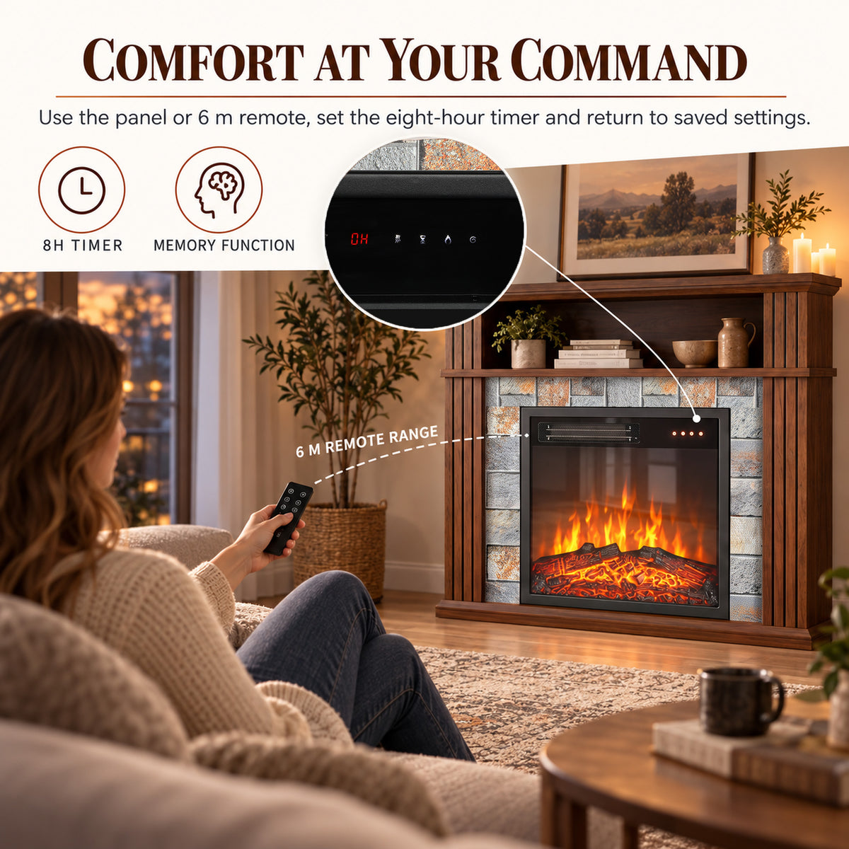 Electric fireplace TV stand with remote control in use and flame display