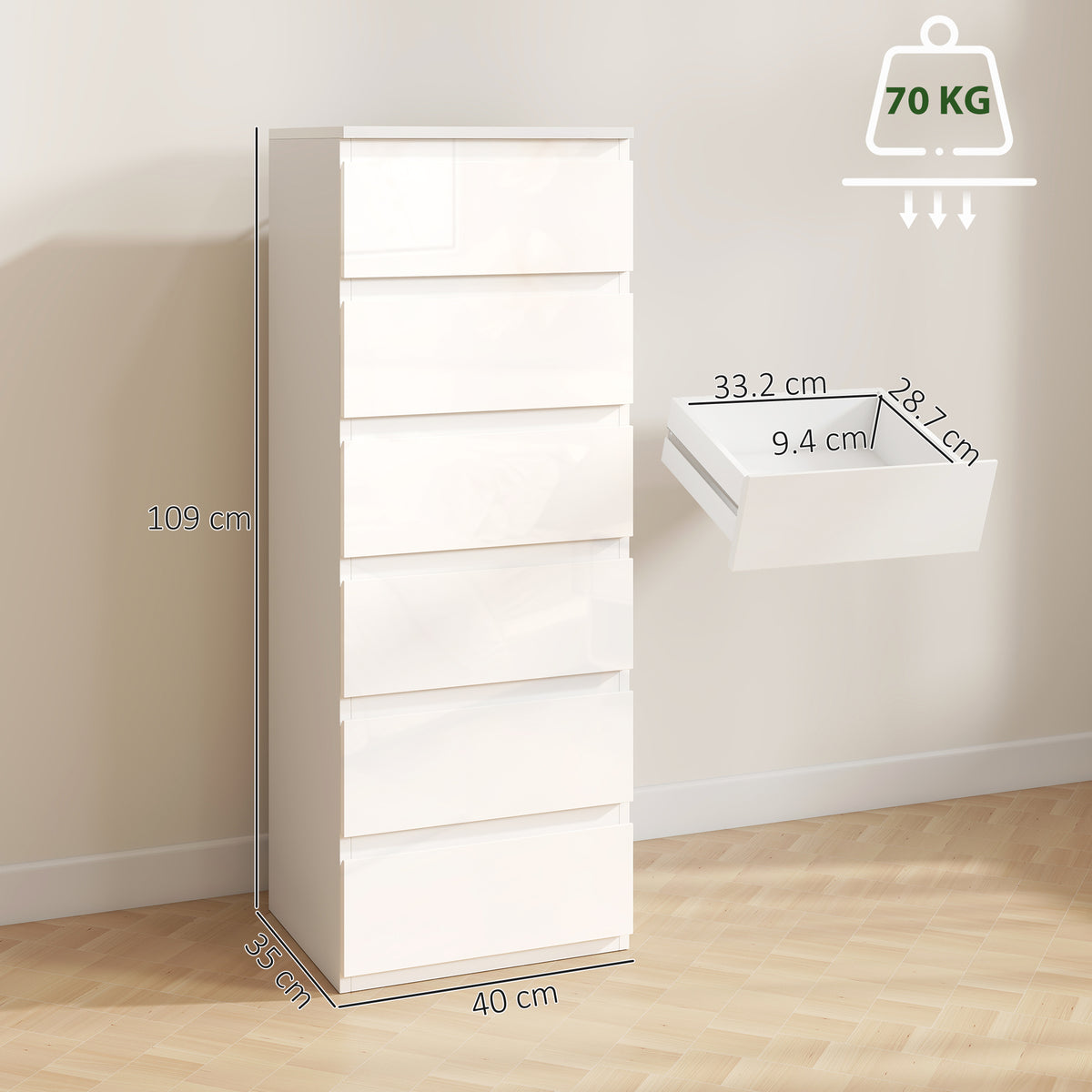 High-gloss white 6-drawer slim chest of drawers, side view with stacked drawers