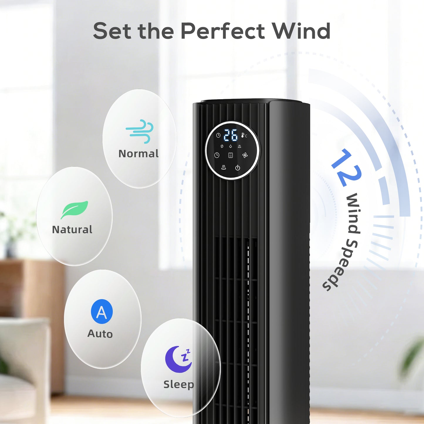 HOMCOM 36 Inch Tower Fan Quiet 28 Db 80 Degree Oscillation 12 Speeds 4 Modes Remote Control 12 Hour Timer Black