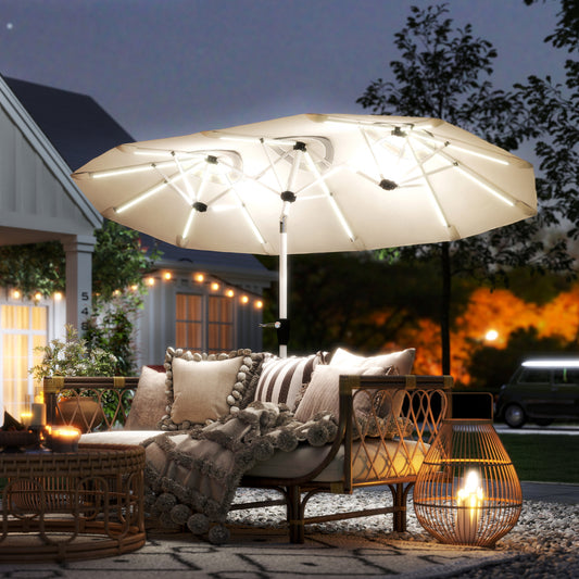 Outsunny 3m Double Sided Garden Parasol With Led Solar Lights Cream White Outdoor Sun Umbrella With Crank