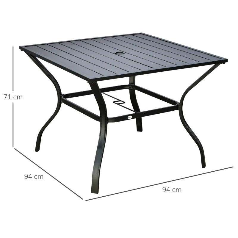 Outsunny 94 x 94 cm Garden Table with Parasol Hole - Outdoor Dining Table for Four with Slatted Metal Plate Top, Black Finish - ALL4U RETAILER LTD