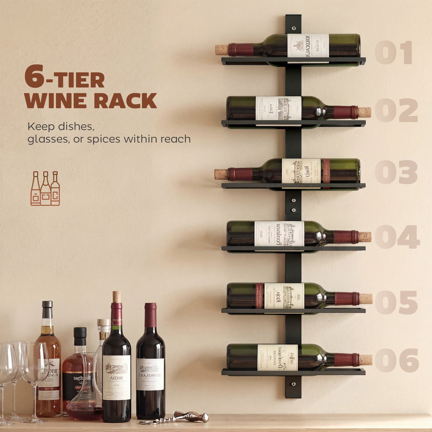 HOMCOM Wall Mounted 6 Tier Metal Wine Rack Storage Display For Kitchen Black Ideal Space Saving Wall Organizer