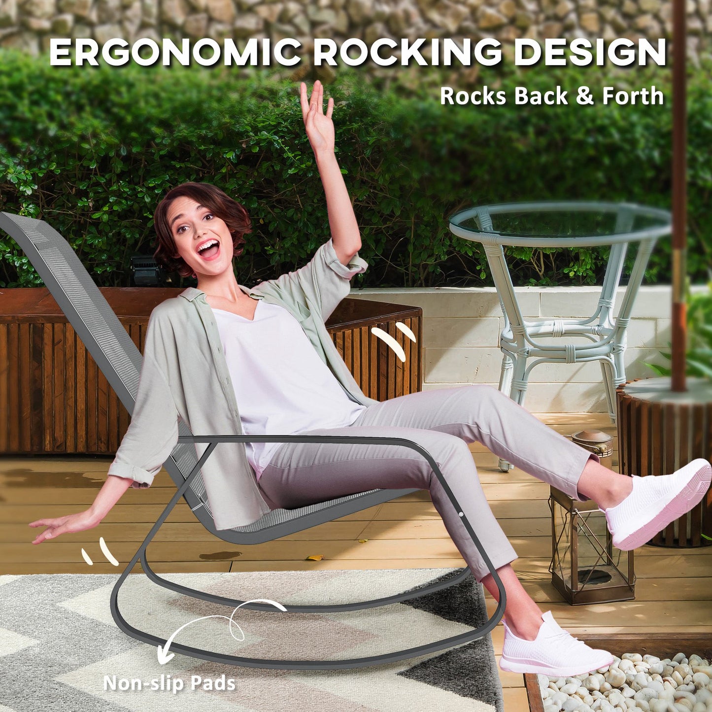 Outsunny Grey Rocking Garden Chair With Texteline Seat 110 To 150 Degree Motion