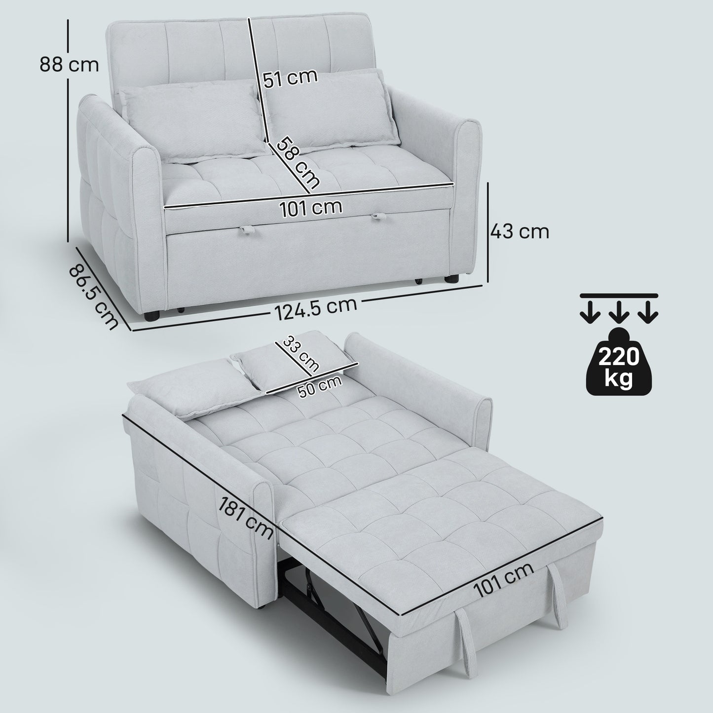 HOMCOM 2 Seater Sofa Bed 3 In 1 Convertible Sleeper With Adjustable Backrest Click Clack And Two Pillows Light Grey