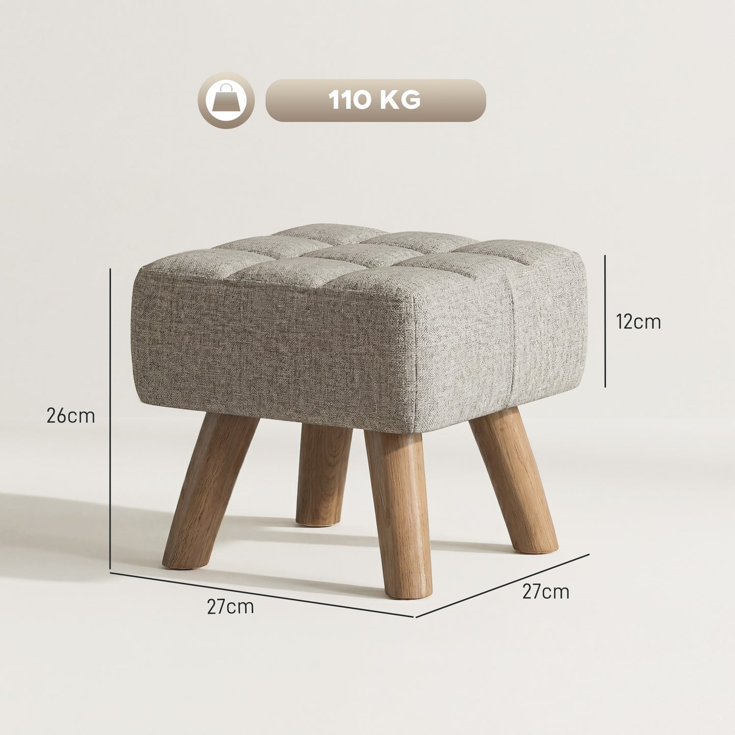HOMCOM Linen Look Square Padded Footstool With Tufted Top And Wooden Legs Light Brown