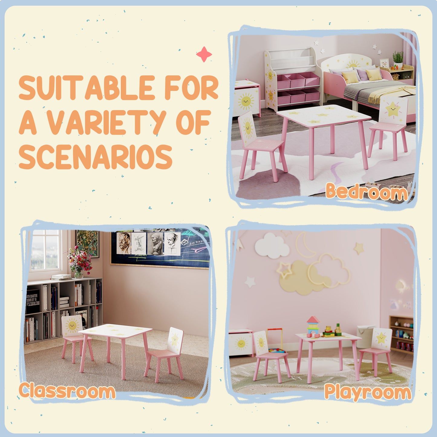 AIYAPLAY 3 Piece Toddler Table and Chair Set Pink With Star Pattern for Bedroom Nursery Playroom Table and 2 Chairs