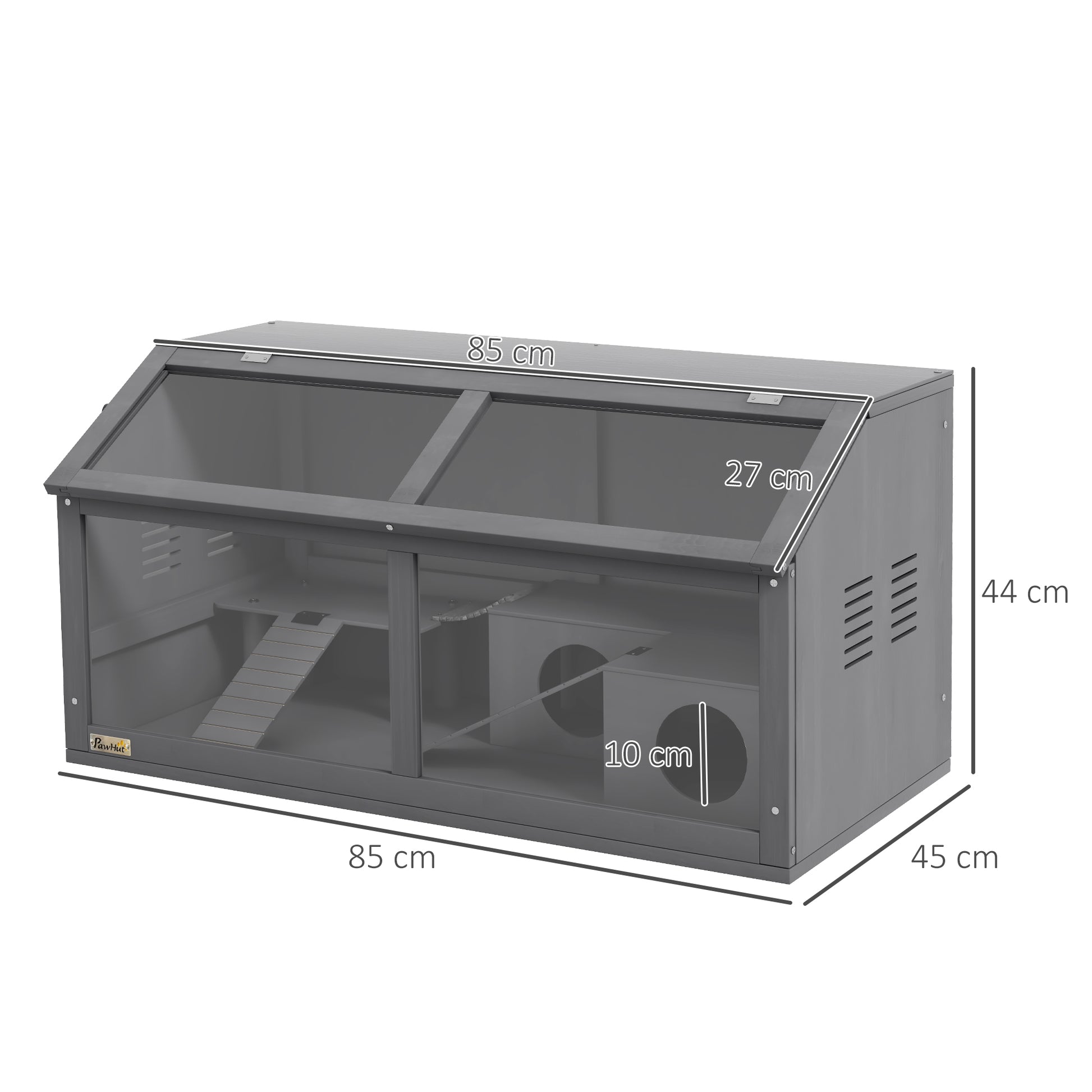 PawHut Grey Wooden Hamster Cage with Suspension Bridge and Openable Top for Small Animals - 85 x 45 x 44cm - ALL4U RETAILER LTD