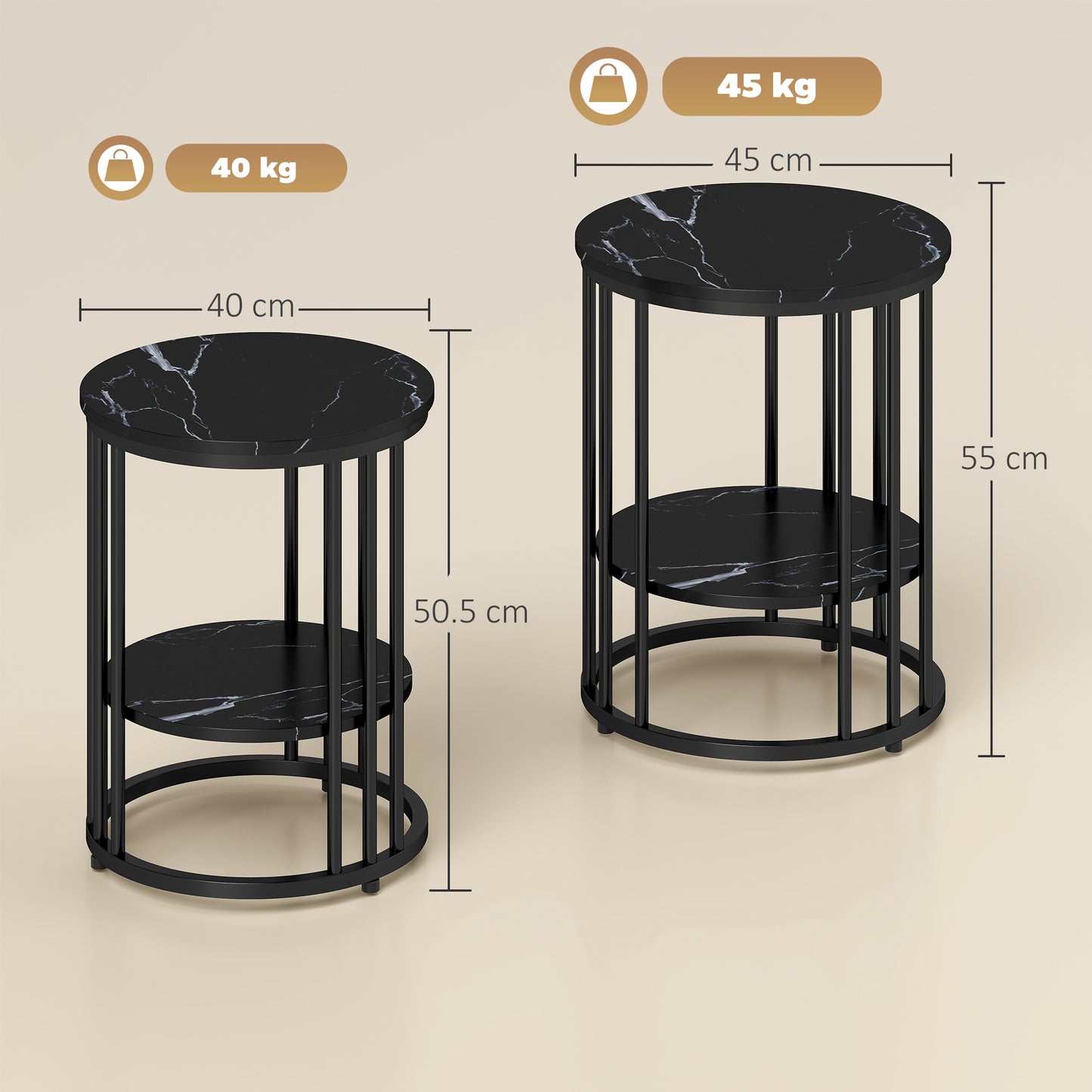HOMCOM Marble Effect Coffee Tables Set of Two with Black Steel Frame and Two Tier Design