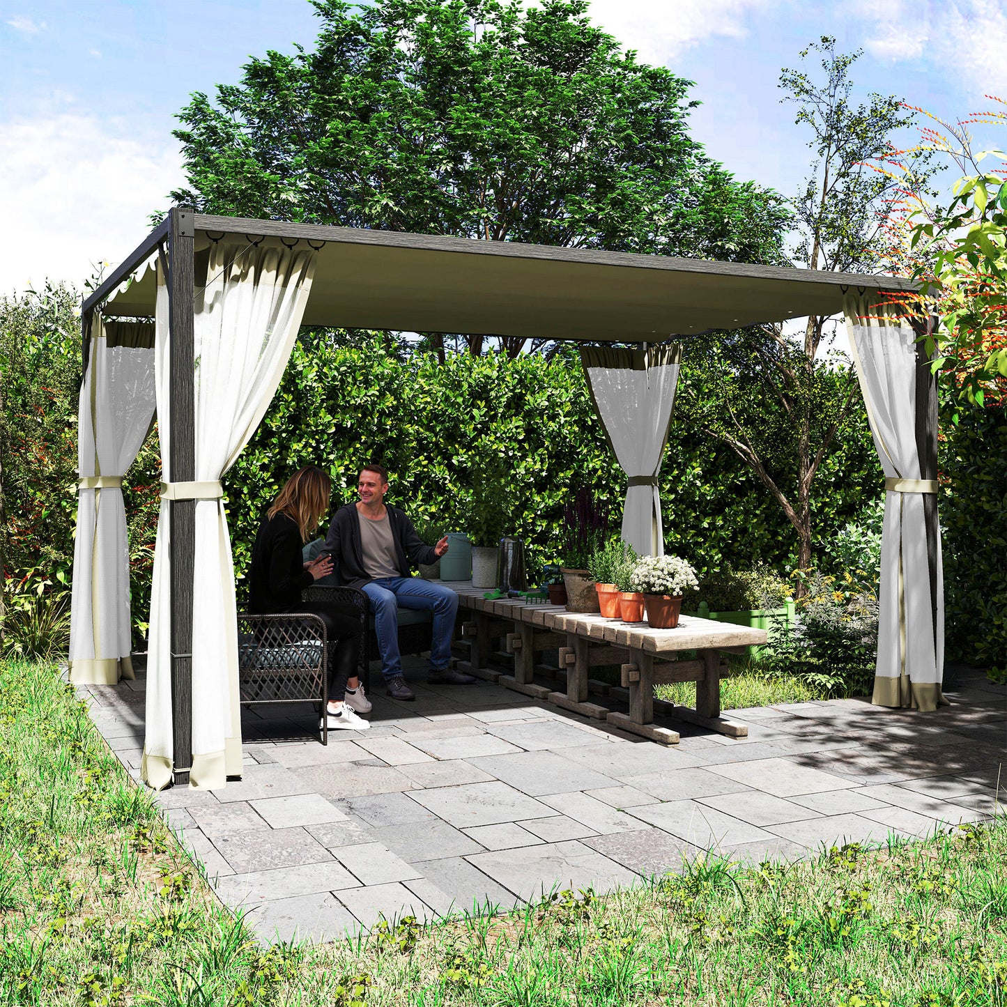 Outsunny 3x4m Aluminium Frame Pergola With Retractable Roof In Khaki Outdoor Garden Shade