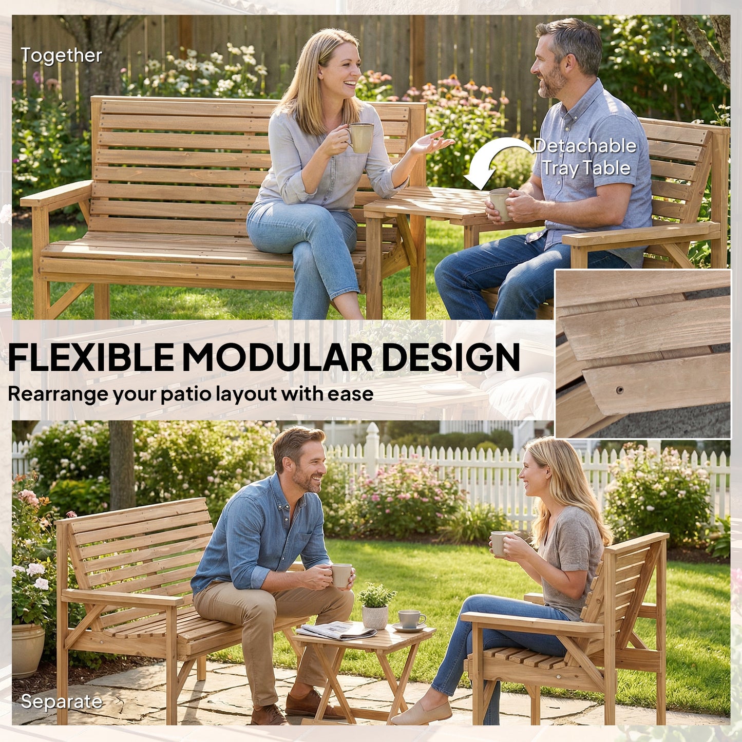 Outsunny Three Piece Wooden Garden Furniture Set With Detachable Table 1 Chair 1 Bench Natural Wood Finish