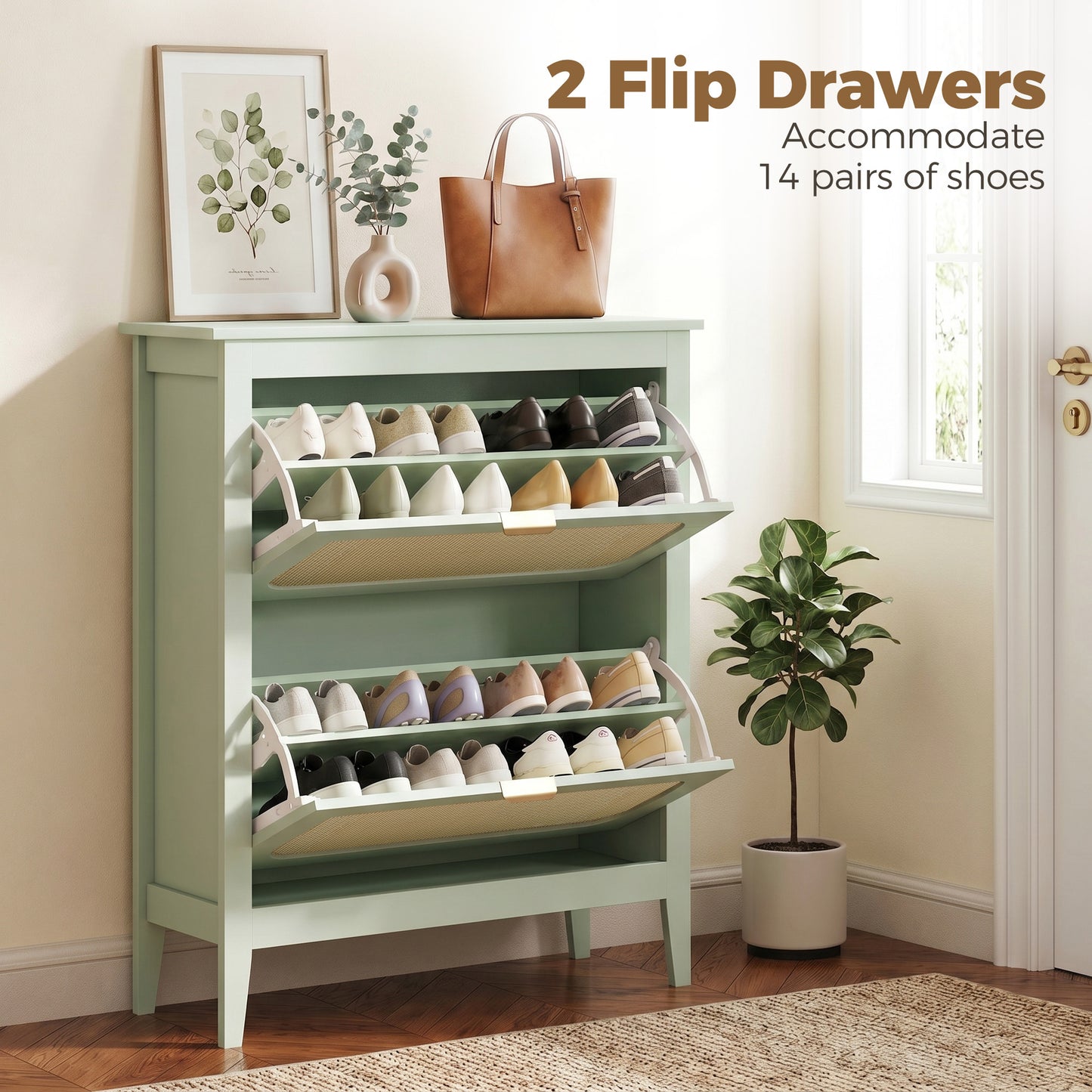 HOMCOM Narrow Boho Shoe Cabinet With 2 Flip Drawers Holds 14 Pairs In Light Green Finish