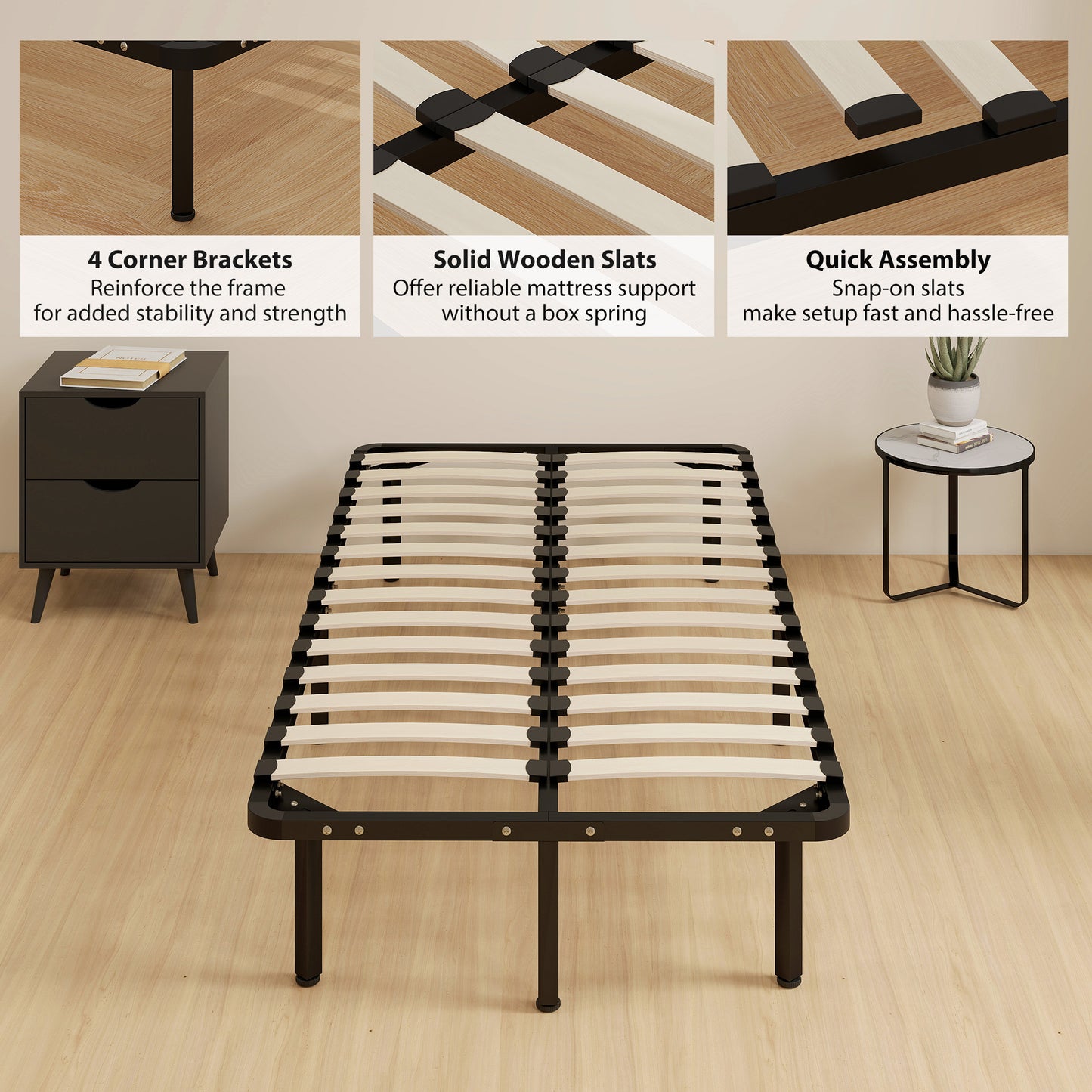HOMCOM 3ft Single Metal Platform Bed Frame With 2 X 14 Wood Slats No Box Spring Needed Underbed Storage Black