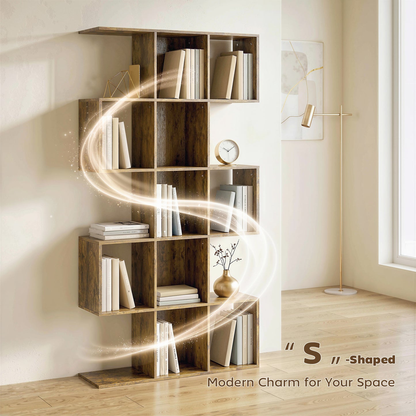 HOMCOM 5 Tier Bookshelf S Shaped Geometric Bookcase 15 Compartments Rustic Brown