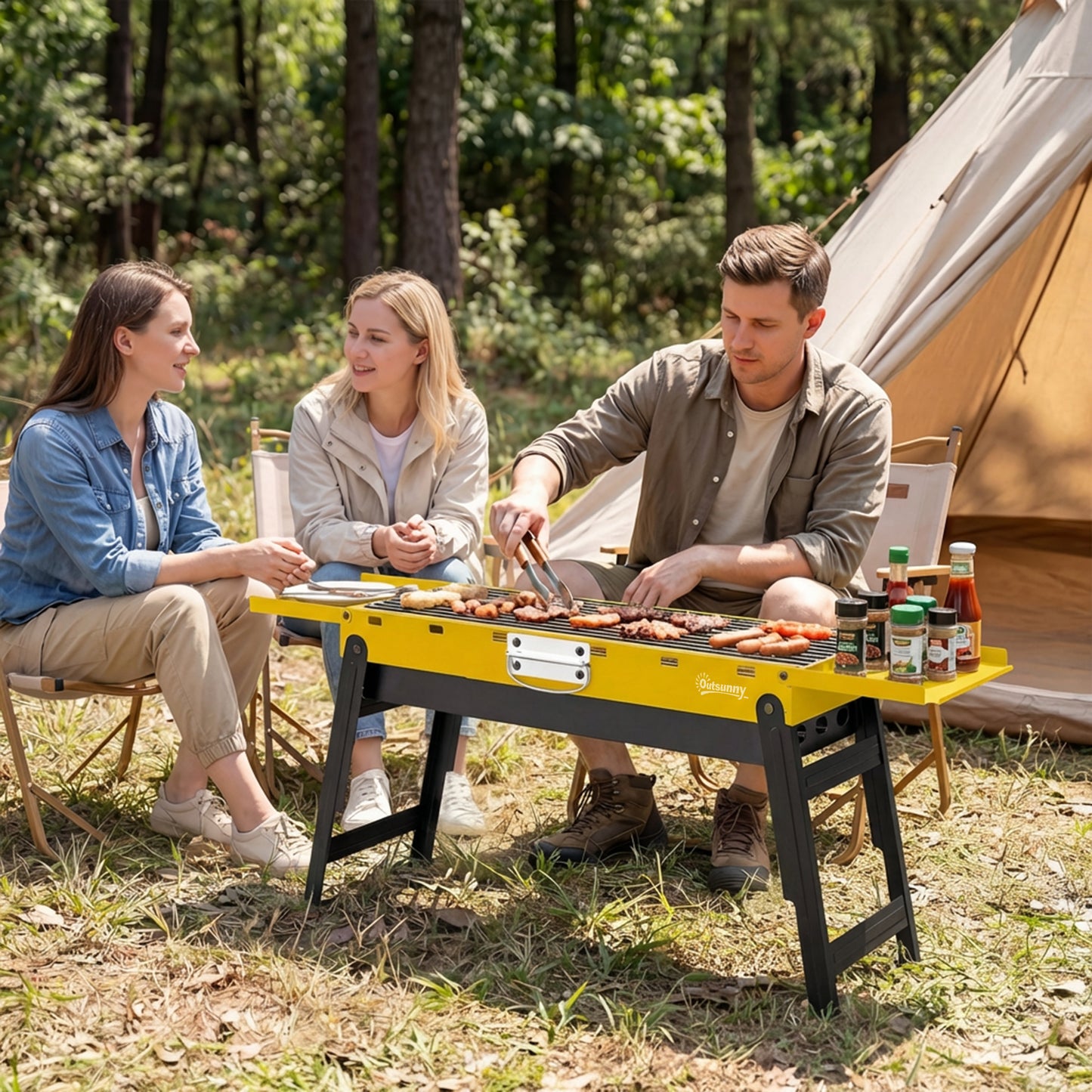Outsunny Yellow Portable Foldable Charcoal BBQ Grill For Camping And Picnics With Two Side Shelves And Handle