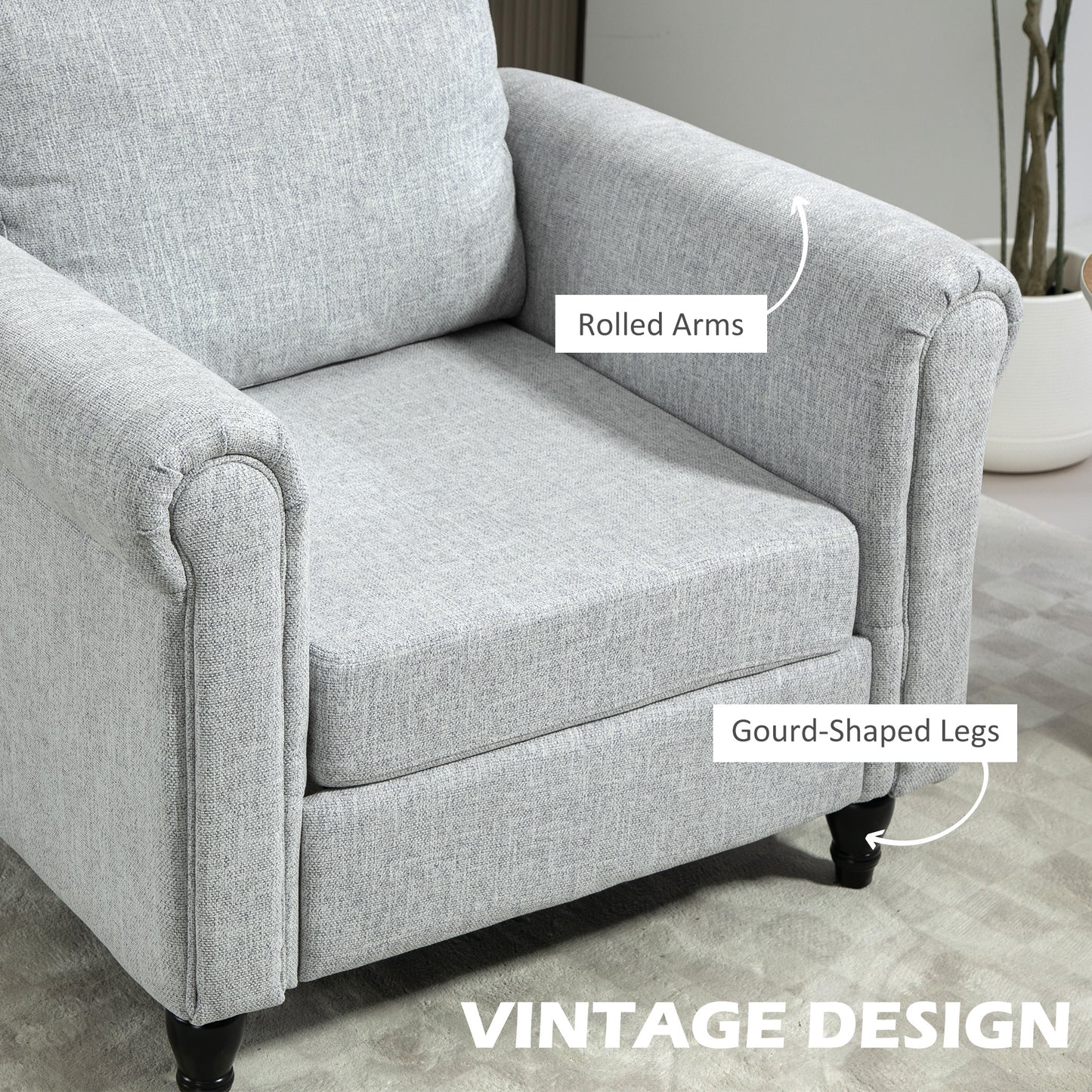 HOMCOM Classic Light Grey Upholstered Accent Chair with Removable Pillow and Rolled Arms - ALL4U RETAILER LTD