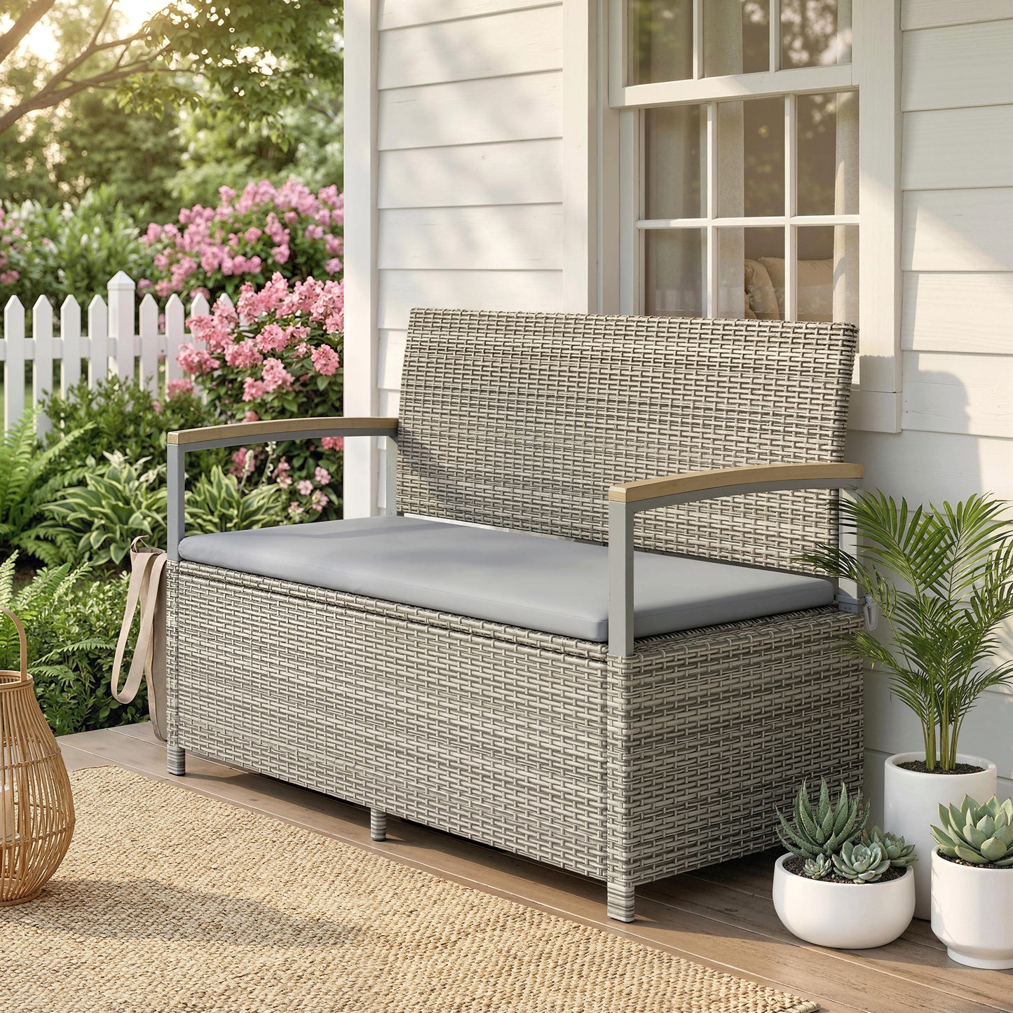 Outsunny 170 L Garden Storage Bench Zipped Liner 2 Seater Rattan With Gas Strut Cushion Light Grey