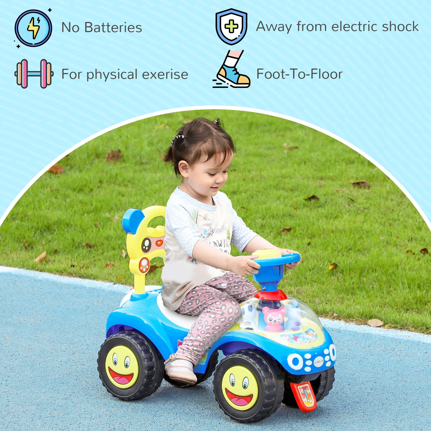 AIYAPLAY Blue Foot-to-Floor Toddler Ride-On Toy with Music, Lights, and Storage