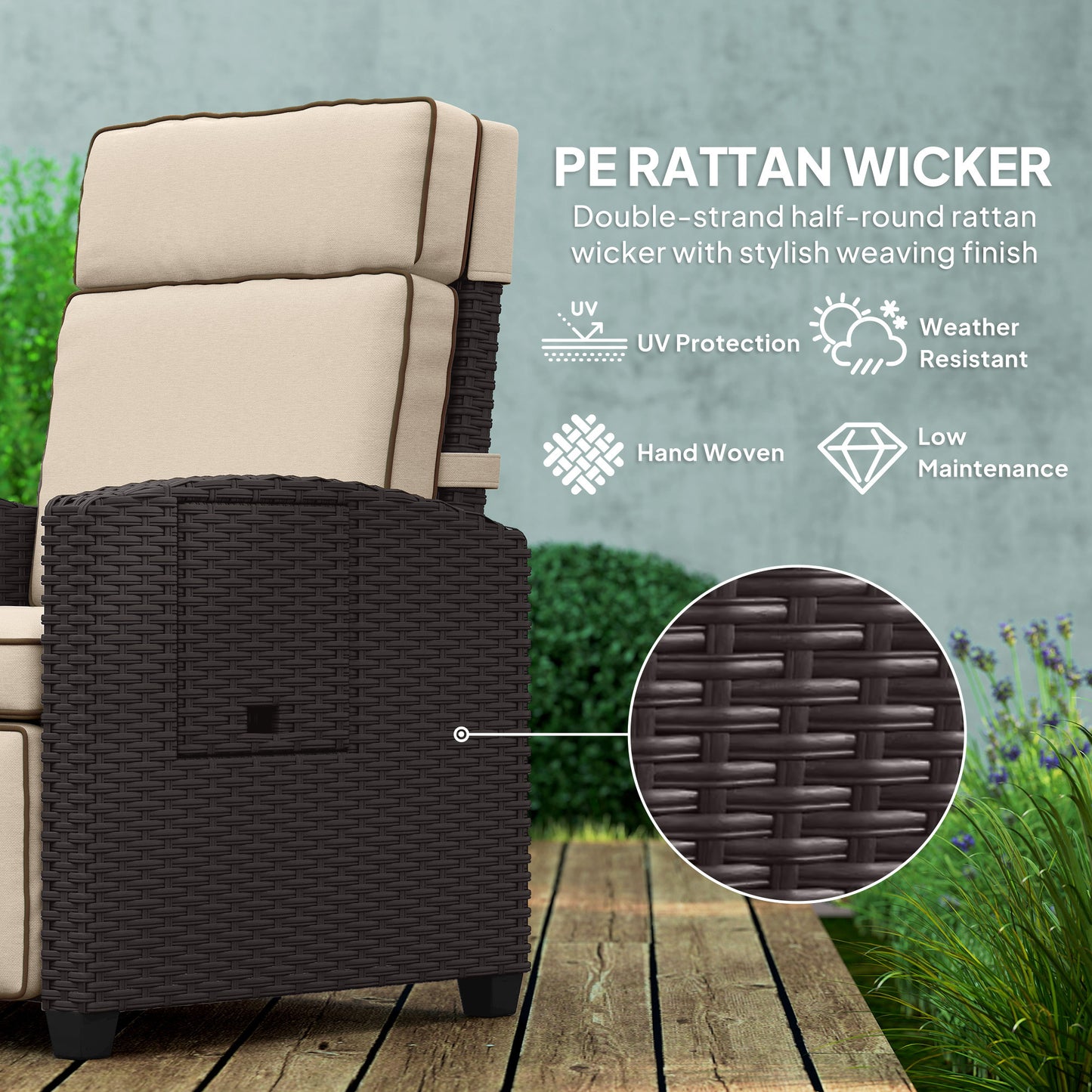 Outsunny 145 Degree Reclining Rattan Armchair With Footrest Outdoor Patio Brown Khaki