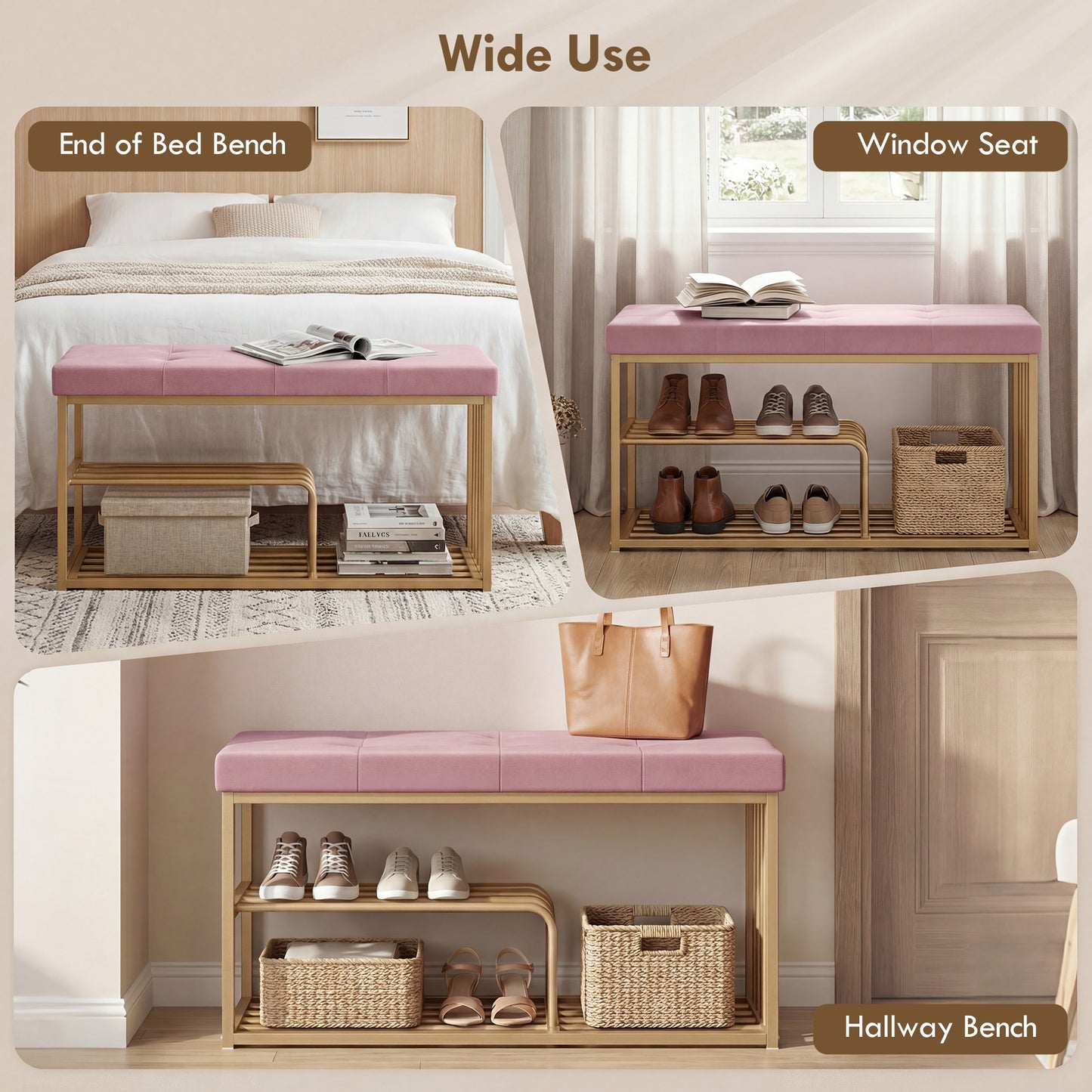 HOMCOM Tufted Shoe Storage Bench With Velvet Seat Pink And Gold Steel Frame For Entryway Holds Eight Pairs