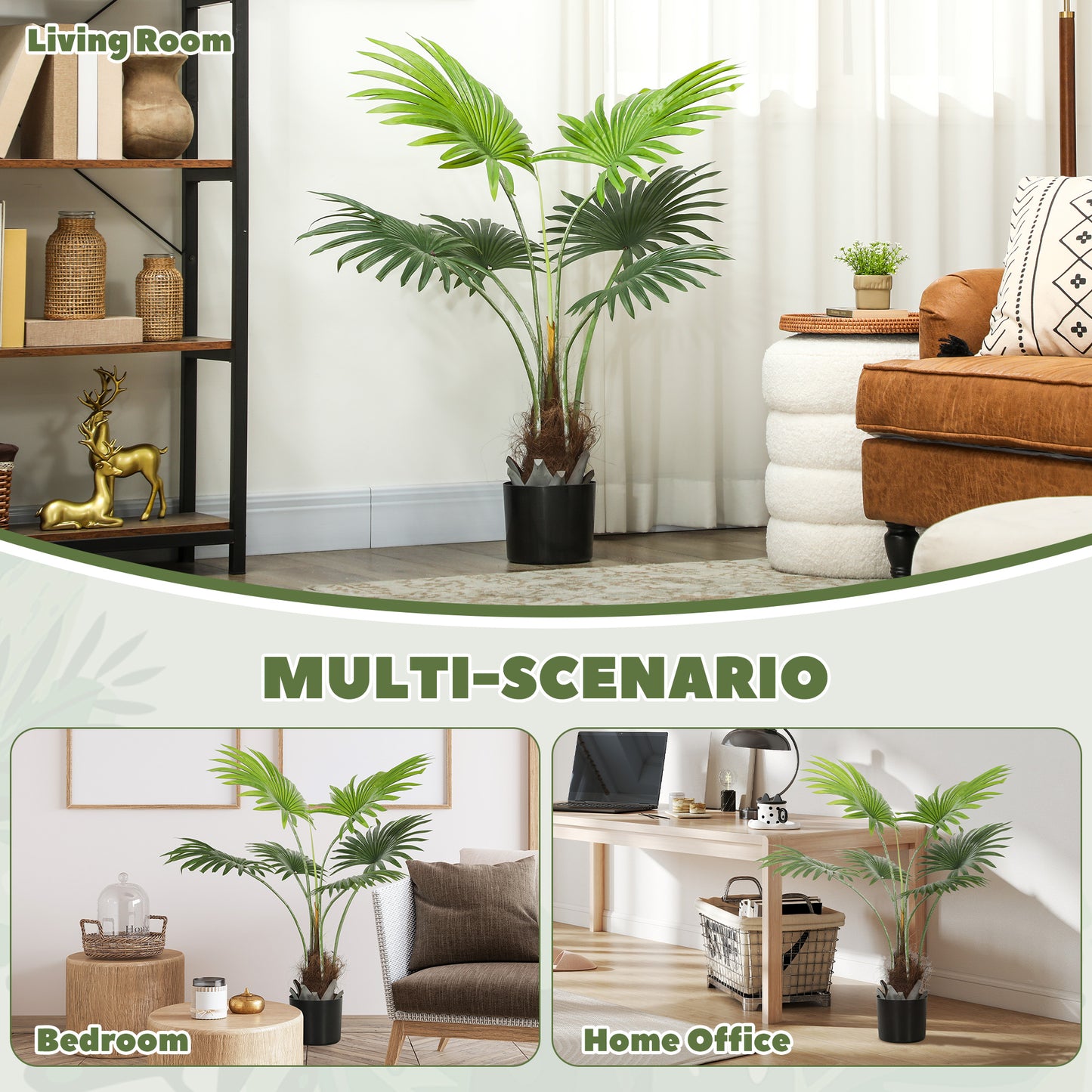 HOMCOM 94cm Artificial Palm Tree With Realistic PEVA Leaves And Coconut Coir In Plastic Pot For Home Office Decor Green