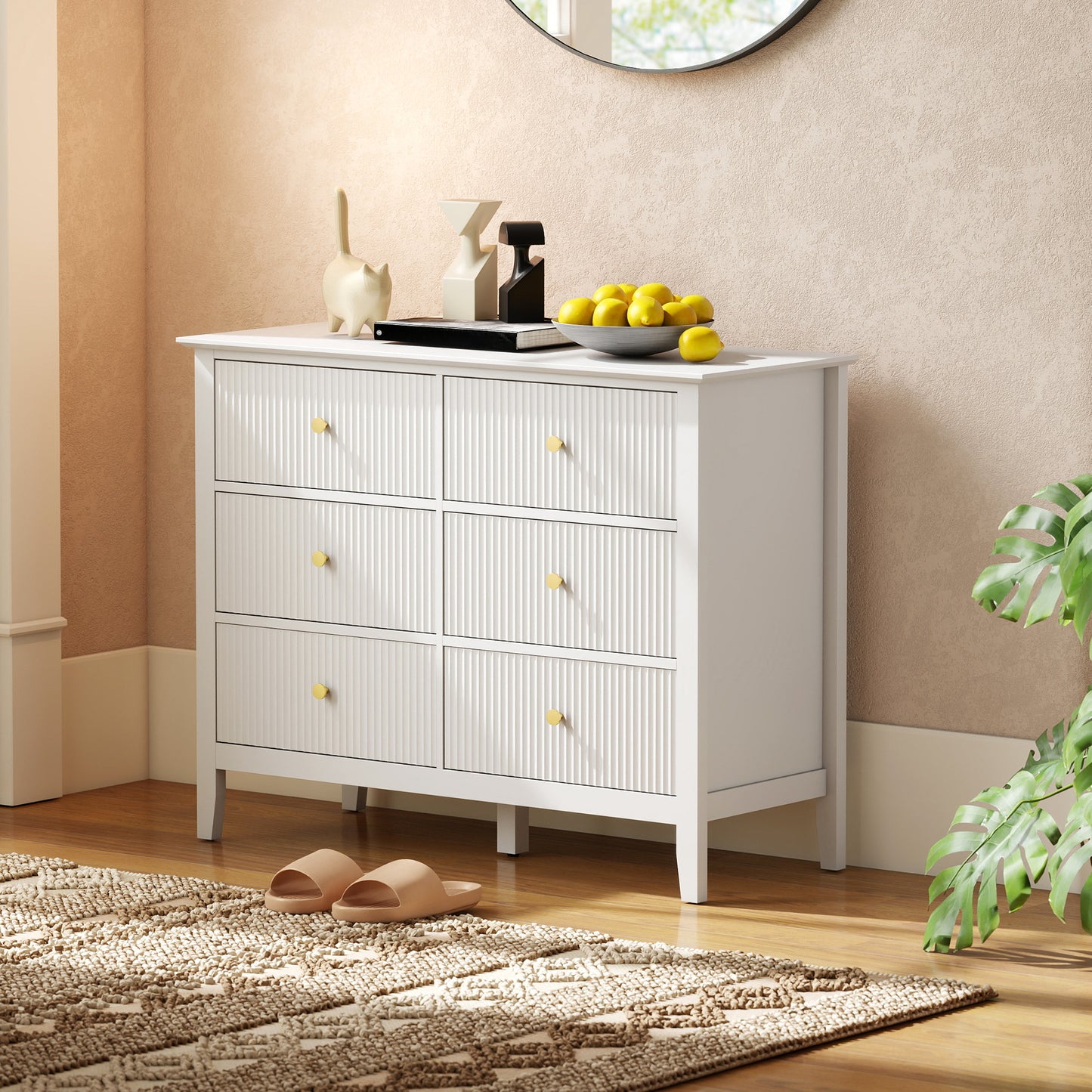HOMCOM Fluted Dresser 6 Drawer Chest of Drawers for Bedroom Living Room Hallway Closet White