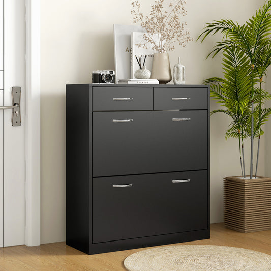 HOMCOM Narrow Shoe Storage Cabinet With 2 Flip Drawers And Adjustable Shelves Holds 12 Pairs Shoes Black