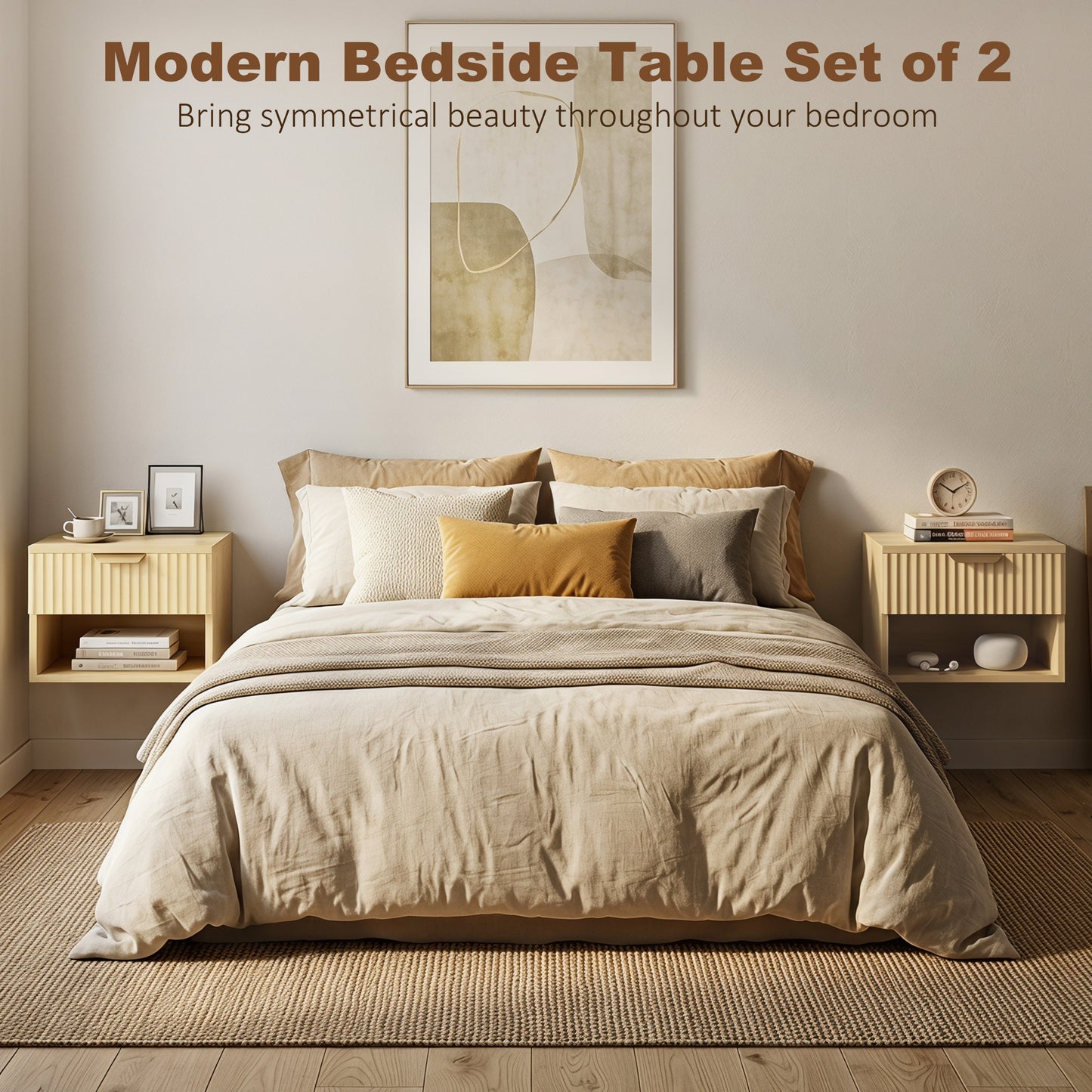 Modern Floating Nightstands Set Of 2 Wall Mounted Fluted Drawer Oak