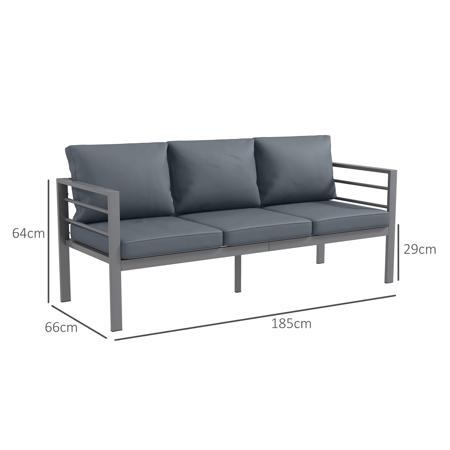 Outsunny Grey Aluminium Three-Seater Outdoor Garden Sofa with Cushions - ALL4U RETAILER LTD