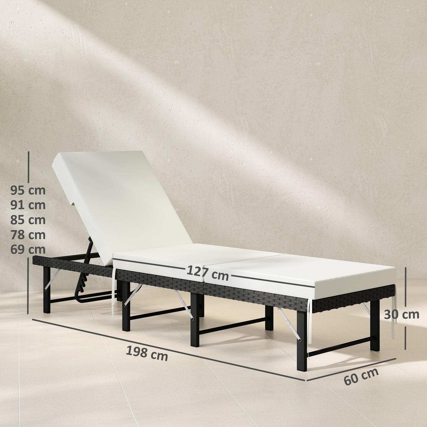 Outsunny Single Folding Rattan Sun Lounger With Cushion Black Outdoor Recliner Seat