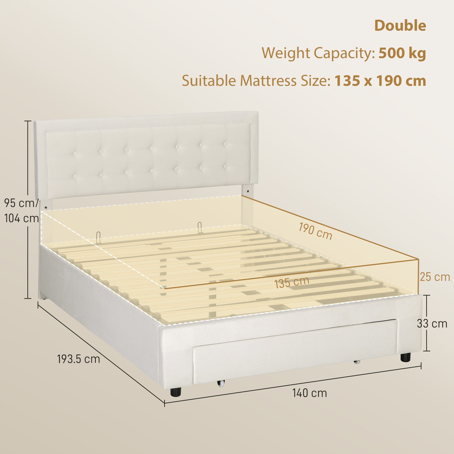 HOMCOM Double Ottoman Bed Frame With Front Drawer Storage Cream 140 x 193.5 cm Gas Lift Mechanism And Easy Lift