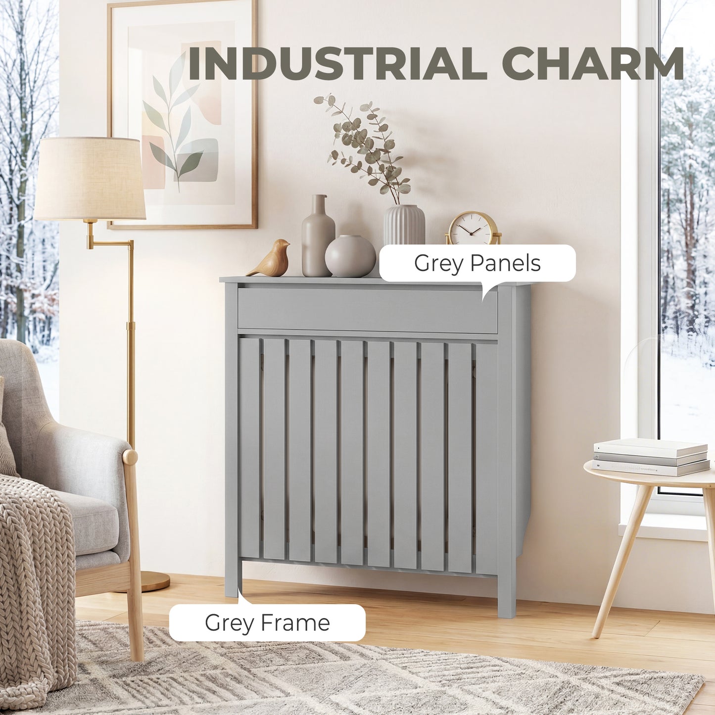 HOMCOM Rustic Grey Radiator Cover 93 By 88.5 Cm MDF Vertical Slat Design For Efficient Heat Escape