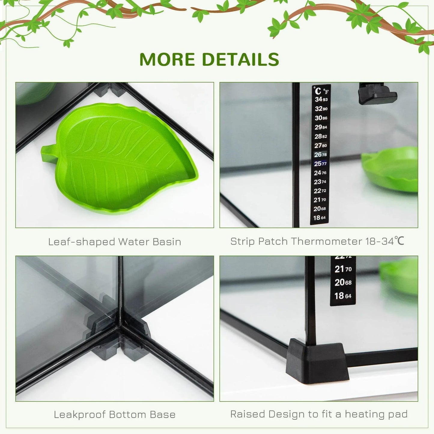 PawHut 50 x 30 x 35 cm Glass Reptile Habitat with Thermometer, Versatile Breeding Tank for Lizards, Frogs, and Snakes - Black - ALL4U RETAILER LTD