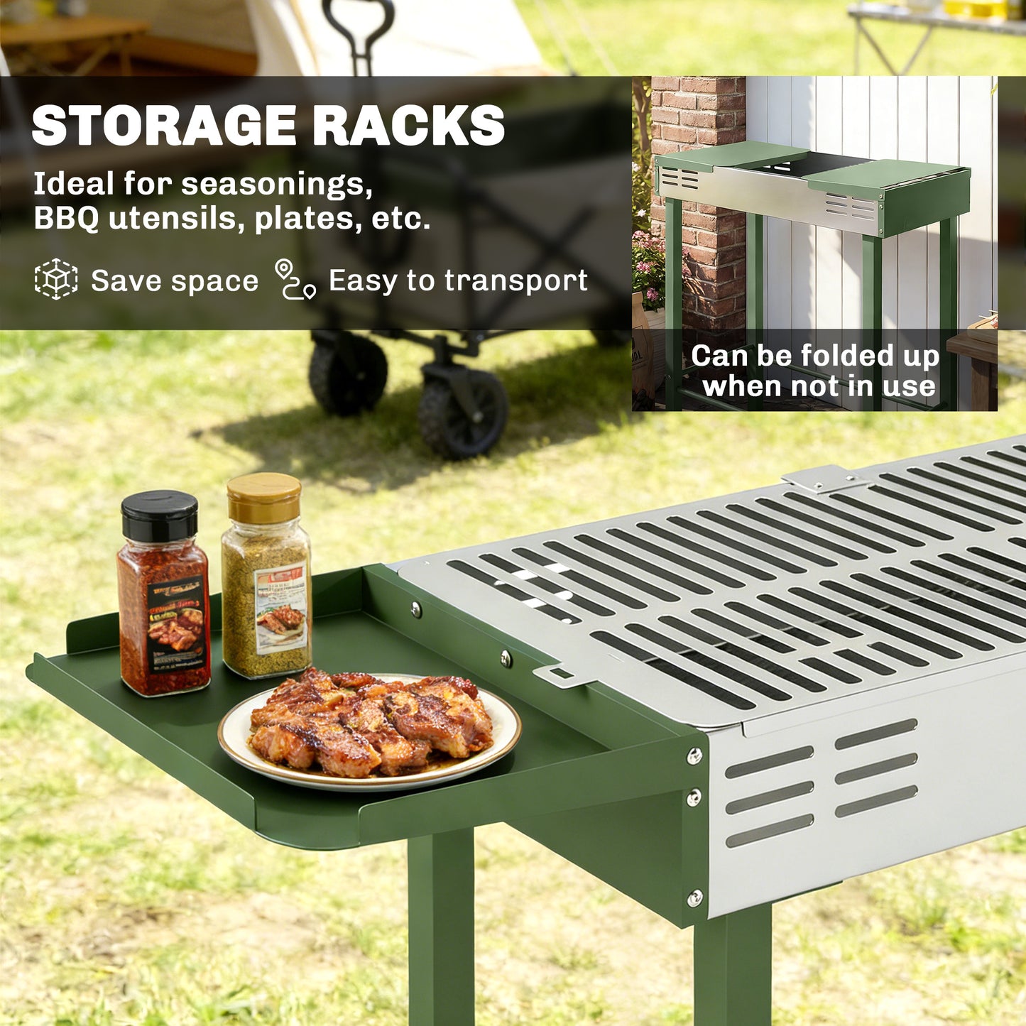 Outsunny Charcoal Rotisserie Grill Roaster Spit With 3 Level Grill Grate And Side Shelves Dark Green For Chicken