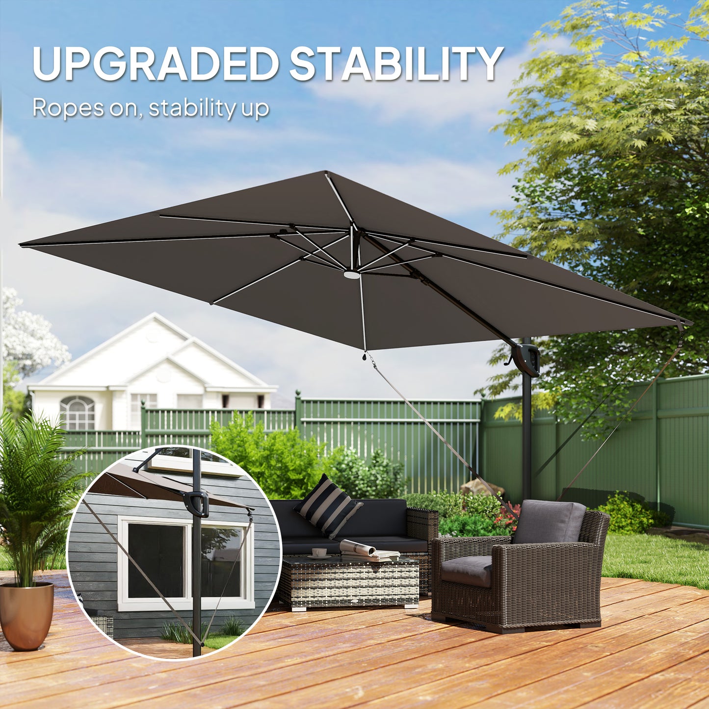 Outsunny 3x3m Garden Cantilever Parasol With Light And Cover UPF50 Plus Wind Protection 360 Degree Rotation Dark Grey