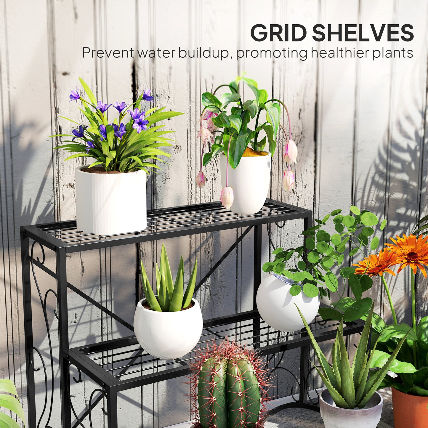 Outsunny Three Tier Decorative Metal Plant Stand Black Indoor Outdoor Garden Display