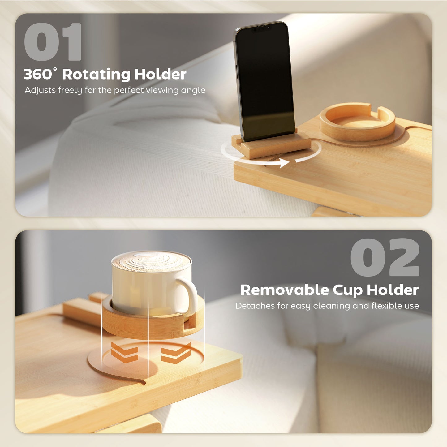 HOMCOM Anti Slip Sofa Armrest Tray Bamboo Arm Tray With 360 Degree Phone Holder And Removable Cup Holder Natural