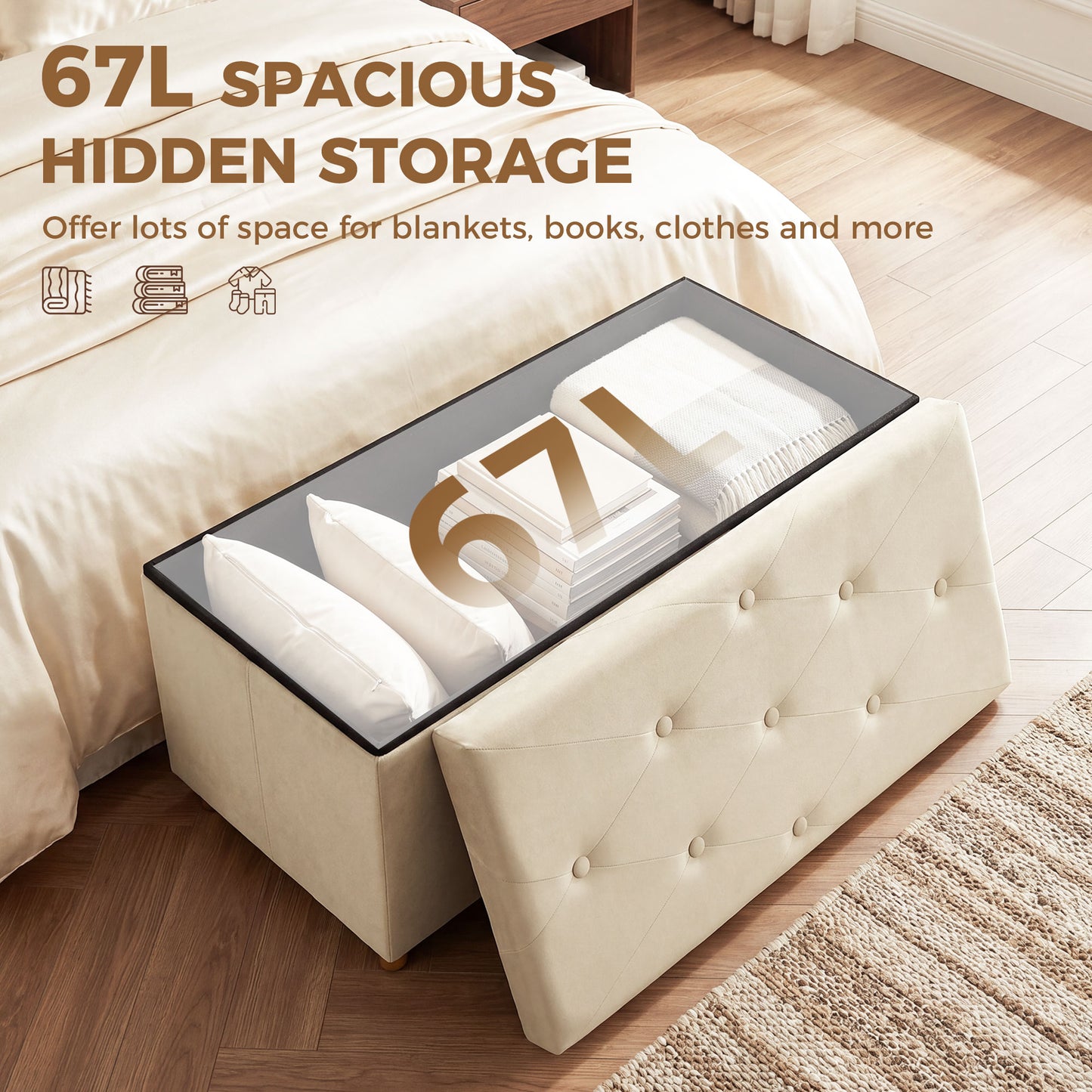 HOMCOM Velvet Upholstered Foldable Ottoman Footrest With Storage Bench Wood Legs Cream White Living Room