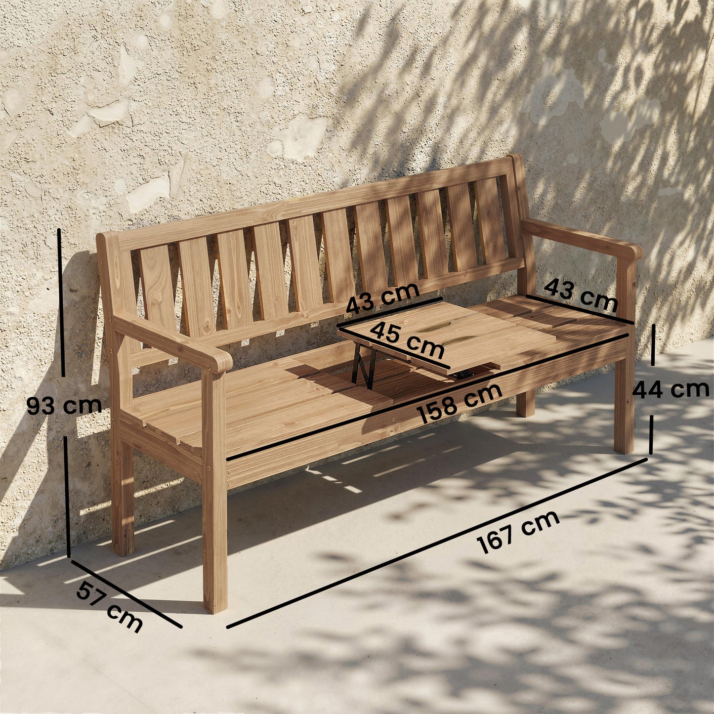 Outsunny Wooden Garden Bench With Liftable Table And Shelf Two To Three Seater Loveseat With Fir Wood Frame Teak