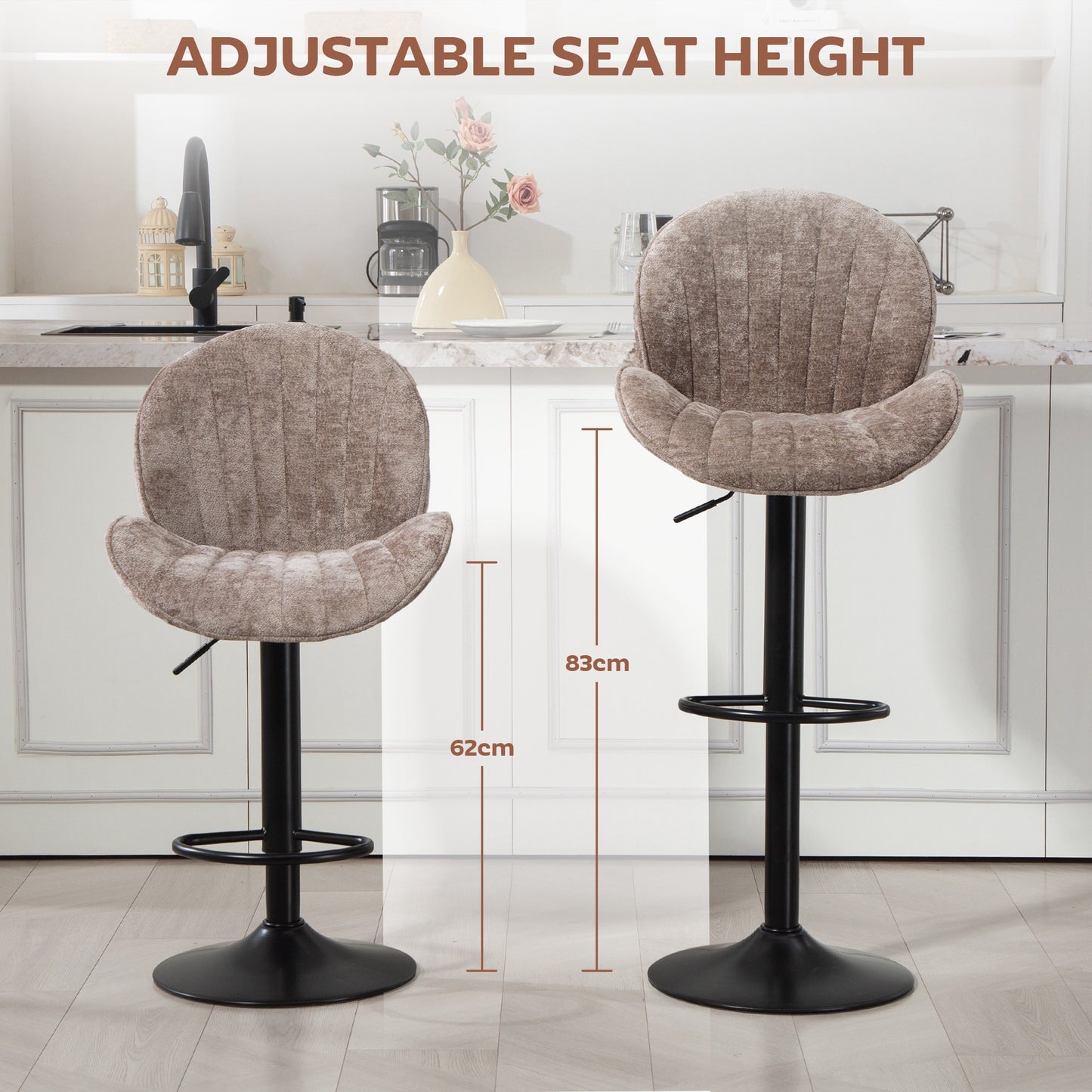 HOMCOM Bar Stools Set Of 2 With Back Swivel Seats Gas Lift Adjustable Height Footrest Brown