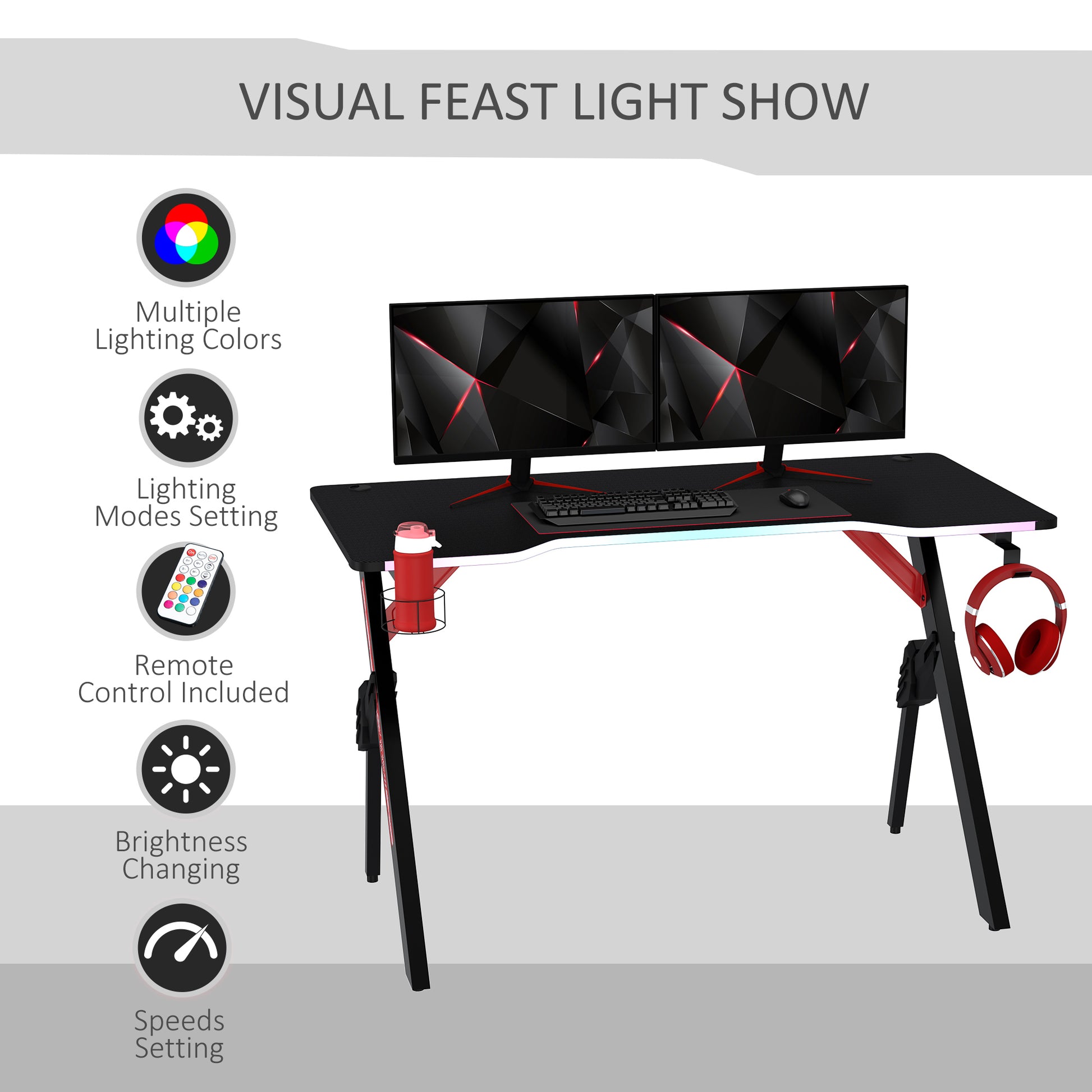 HOMCOM RGB Illuminated Gaming Desk - 1.2m Racing Style Computer Table with Cup Holder and Headphone Hook - Black Steel Frame - ALL4U RETAILER LTD